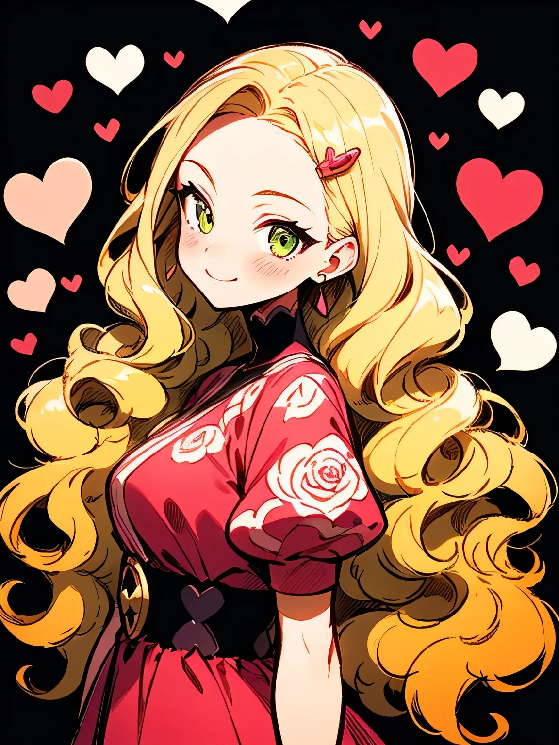 Alone,sideview,(looking at viewer:1.3),upperbody,blonde curly long hair,forehead,lime green eyes,abult woman face, beautiful adult woman smiling,crimsonred ゴージャス dress,ValentinesDay,Quiron heart ,rose,( manga style),(sketch),(illustration), masterpiece , best quality,
