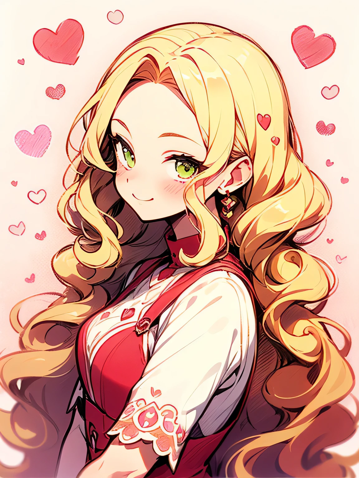 Alone,sideview,(looking at viewer:1.3),upperbody,blonde curly long hair,forehead,lime green eyes,abult woman face, beautiful adult woman smiling,crimsonred ゴージャス dress,ValentinesDay,Quiron heart ,rose,( manga style),(sketch),(illustration), masterpiece , best quality,