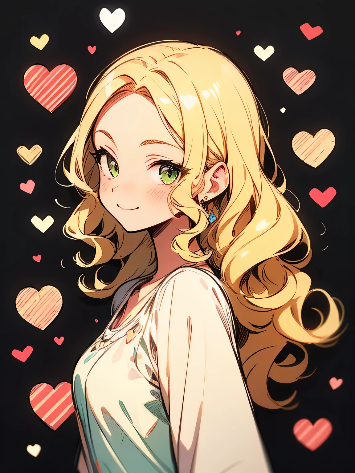 Alone,sideview,(looking at viewer:1.3),upperbody,blonde curly long hair,forehead,lime green eyes,abult woman face, beautiful adult woman smiling,crimsonred ゴージャス dress,ValentinesDay,Quiron heart ,rose,( manga style),(sketch),(illustration), masterpiece , best quality,