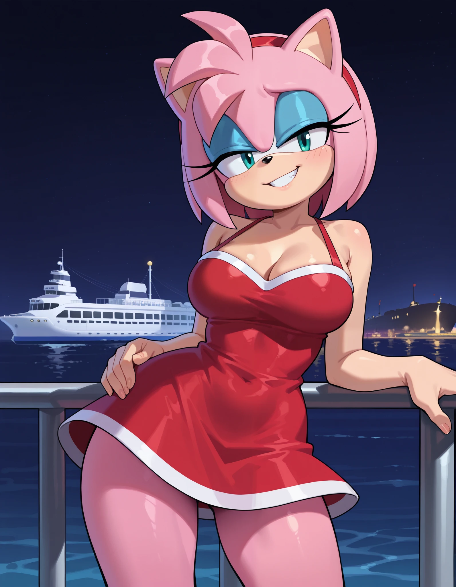 masterpiece, best quality, amazing quality, very aesthetic, absurdres, source furry, Rouge the bat, ((short body)), half closed eyes, cyan eyes, blue eye makeup, seductive look, outdoors, cruise ship, dark background, looking at viewer, grin, (Amy rose cosplay), (short red dress), thighs, medium breasts, deep cleavage, standing, pose, standing, one hand on hip, head tilt