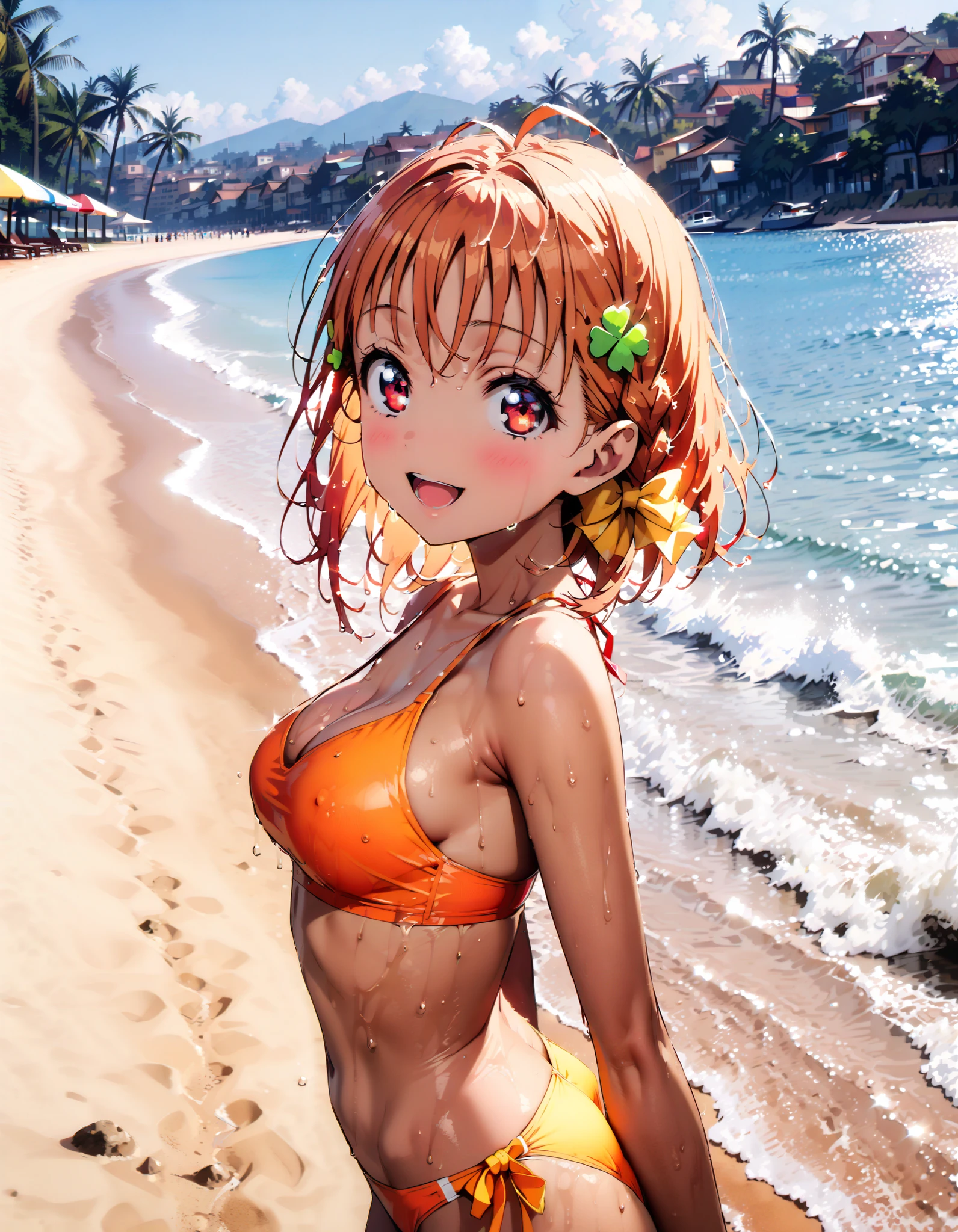 Takami Chika, Alone, short hair, Hair Ornament, red eyes , bow, braided, stupid hair, hair bow, orange hair, side single braided, yellow bow, clover Hair Ornament, orange string bikini swimsuit,Medium breast,Bare legs, tan, brown skin,Brown color,smile,blush, open your mouth, are standing, wet skin, wet swimsuit , wet hair,whole bodyがイラストに入るように, break outdoors, beach,
break looking at viewer,whole body,
break ( Masterpiece:1.2), highest quality , kampala, Unity 8k Wallpaper,(shape:0.8),( fine, beautiful eyes :1.6),It's a person ,whole body写真,CG Details , ( perfect hands, Complete Anatomy),
