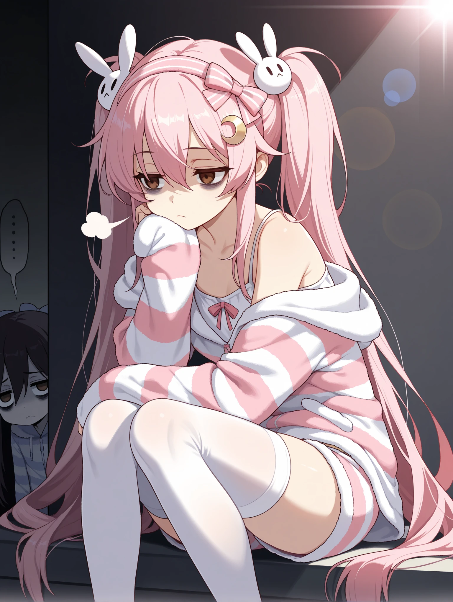 Anime girl in pink sweatshirt with white stripes, She has long, wavy white hair, she wears white leg warmers and pink shoes, They wear pink French berets, She has a crying expression.