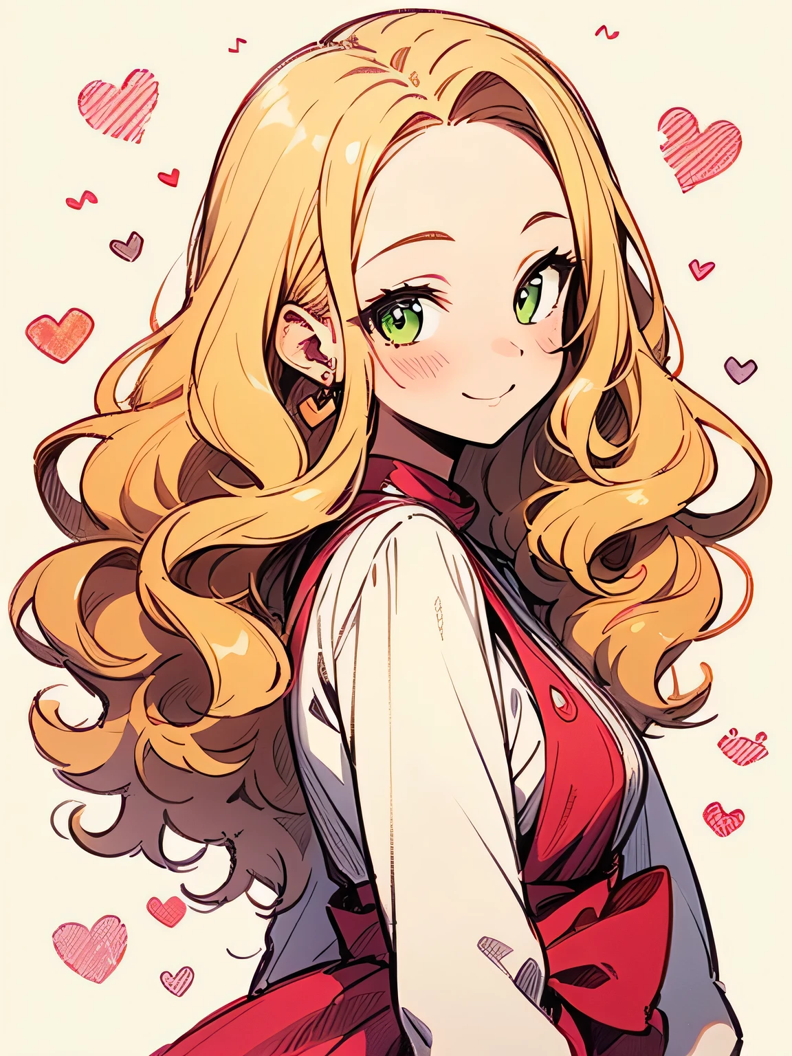 Alone,sideview,(looking at viewer:1.3),upperbody,blonde curly long hair,forehead,lime green eyes,abult woman face, beautiful adult woman smiling,crimsonred ゴージャス dress,ValentinesDay,Quiron heart ,rose,( manga style),(sketch),(illustration), masterpiece , best quality,