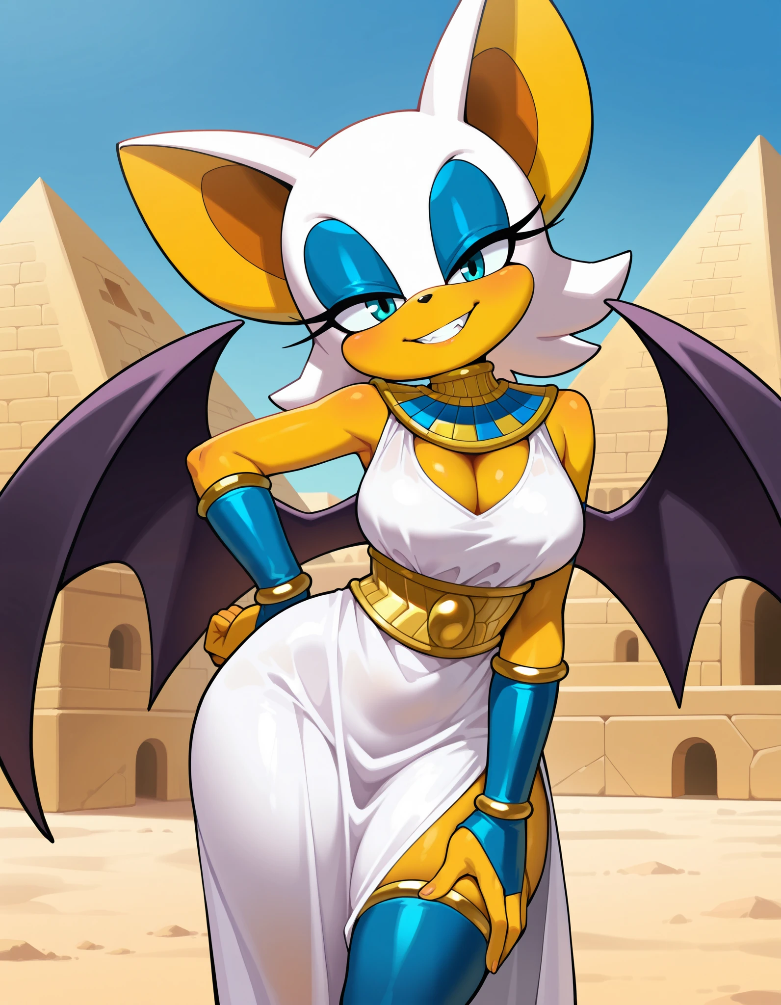 masterpiece, best quality, amazing quality, very aesthetic, absurdres, source furry, ((Rouge the bat)), ((short body)), half closed eyes, cyan eyes, blue eye makeup, seductive look, outdoors, pyramids, bright day, looking at viewer, grin, Ankha cosplay, (short white dress), (colored egyptian wesekh), (broad collar), sleeveless, blue arm braces, blue leg braces, thighs, medium breasts, deep cleavage, standing, pose, standing, one hand on hip, head tilt