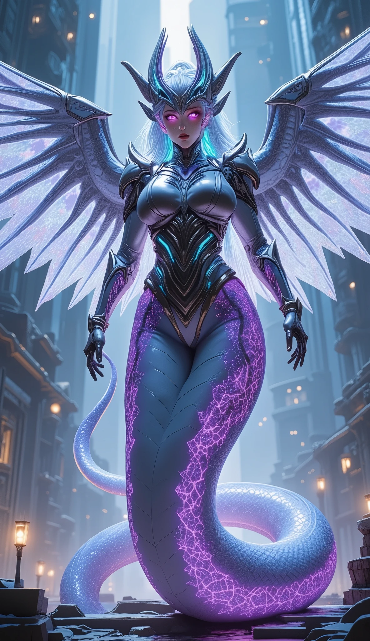 ((((Massive, beautiful, buff, pale white skinned muscular dark angel woman with violet purple hair, black lipstick, glowing black eyes, huge black angel wings, ginormous bulky muscles and wearing a beautiful black angel futuristic armor with pleated skirt)))), {close view}, massive muscles, massive biceps, hyper muscle shoulders, massive muscle arms, vascular shoulders, hyper muscle triceps, huge angel wings, (long hair with long bangs), pleated skirt, black eyes, choker, angel gauntlets, on top of a dark skyscraper in a burning City, confidant smile, hyper muscles arms, hyper muscle legs, (massive arms).