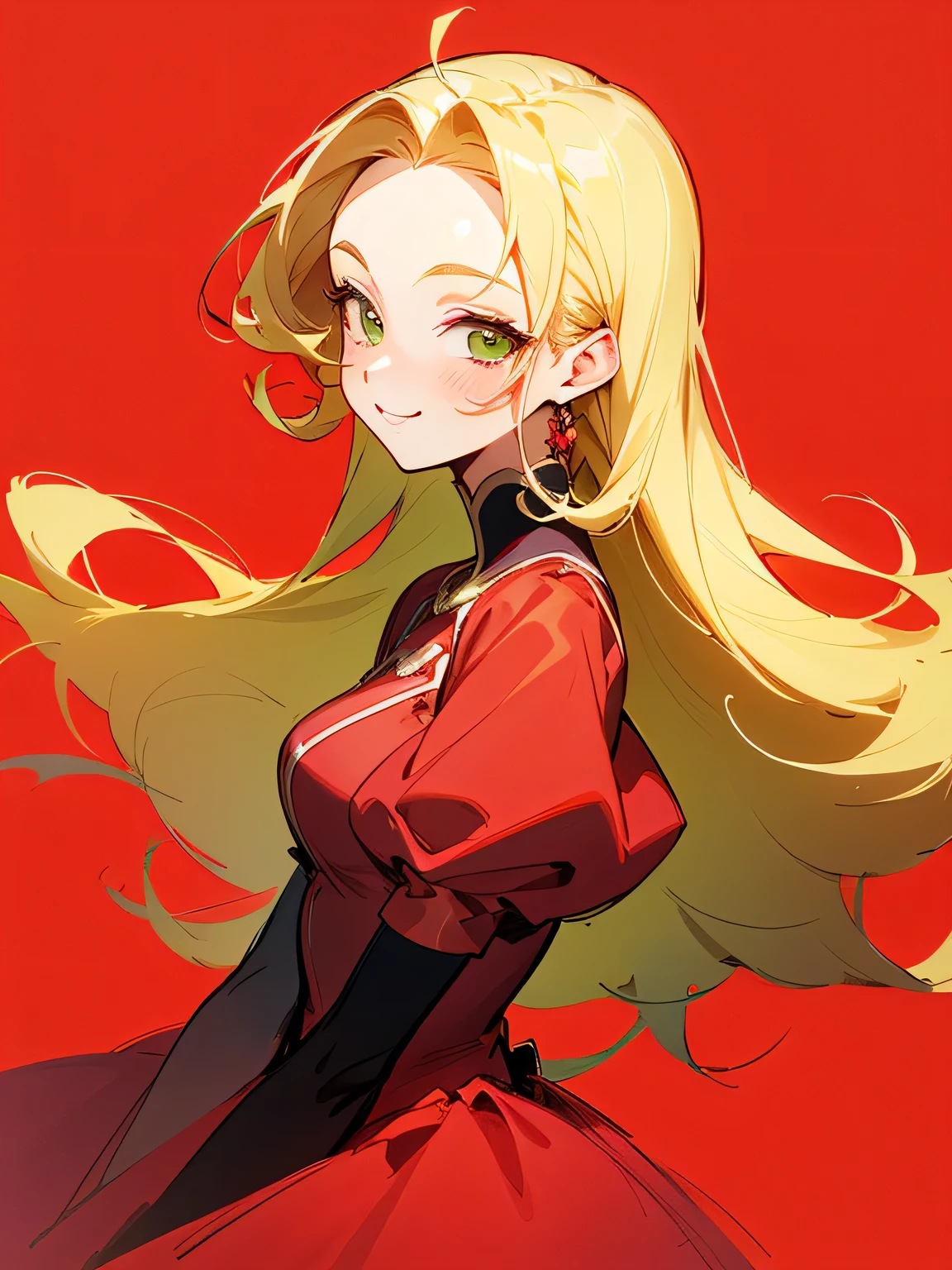 Alone,sideview,(looking at viewer:1.3),upperbody,blonde curly long hair,forehead,lime green eyes,abult woman face, beautiful adult woman smiling,crimsonred ゴージャス dress,ValentinesDay,Quiron heart ,rose,( manga style),(sketch),(illustration), masterpiece , best quality,