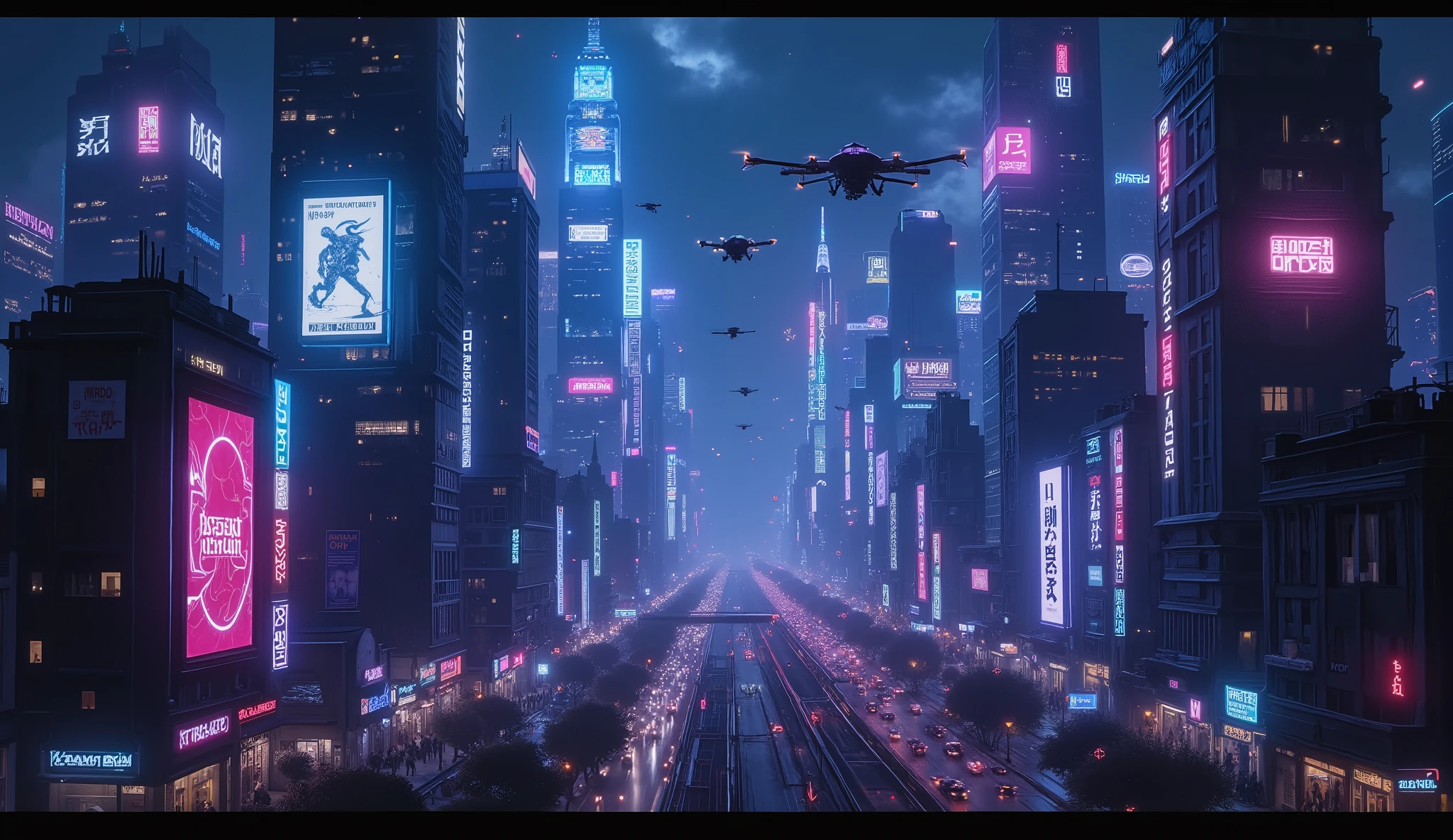 A breathtaking panoramic view of a futuristic city at night, filled with towering skyscrapers glowing with vibrant neon lights in shades of blue and purple. The city is alive with activity: drones flying between buildings, holographic advertisements floating in the air, and streets bustling with people and vehicles. The atmosphere is dark yet illuminated by the city's glow, creating a cyberpunk aesthetic. Wide-angle shot, cinematic composition, highly detailed, 8k resolution, photorealistic, inspired by Blade Runner and Ghost in the Shell.