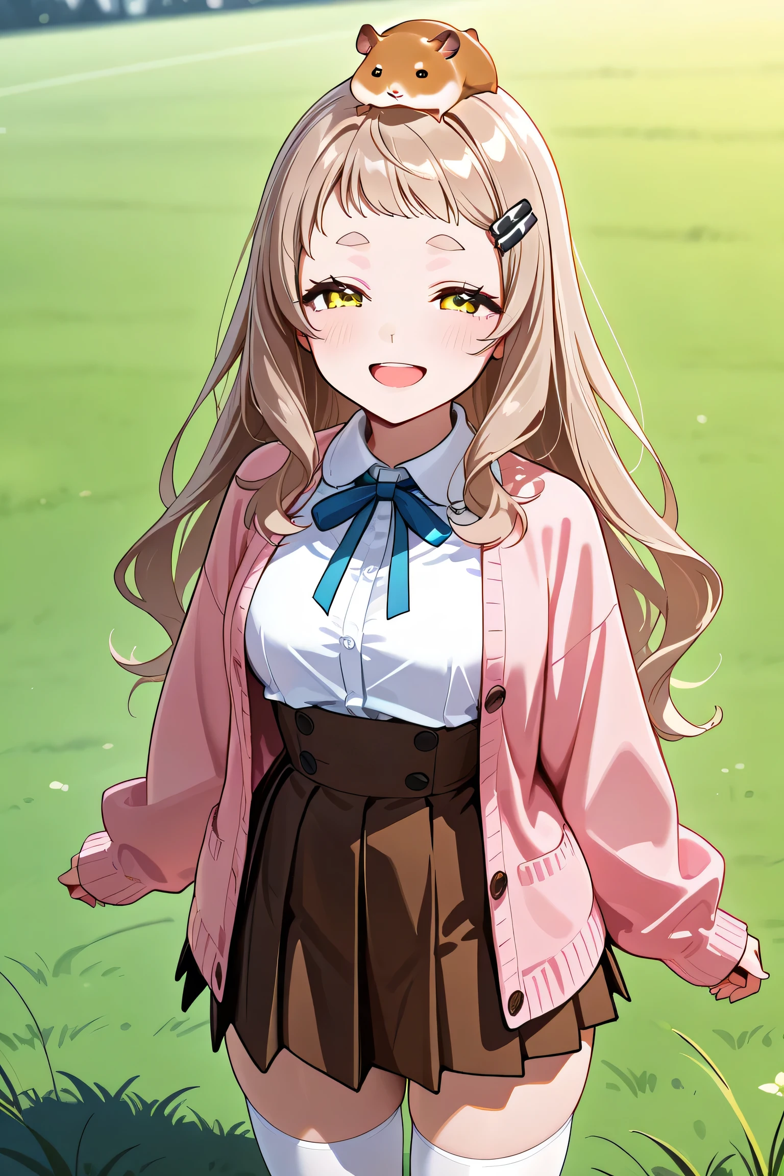 score_9, score_8_up, score_7_up, source_anime, mc1, yellow eyes, short eyebrows, light brown hair, long hair, hairclip, shirt, white shirt, ribbon, blue ribbon, cardigan, pink cardigan, long sleeves, sleeves past wrists, skirt, brown skirt, pleated skirt, high-waist skirt, thighhighs, white thighhighs, smile, open mouth, hamster, on head, animal on head, cowboy shot, outdoors, grass, (half-closed eyes:0.9)