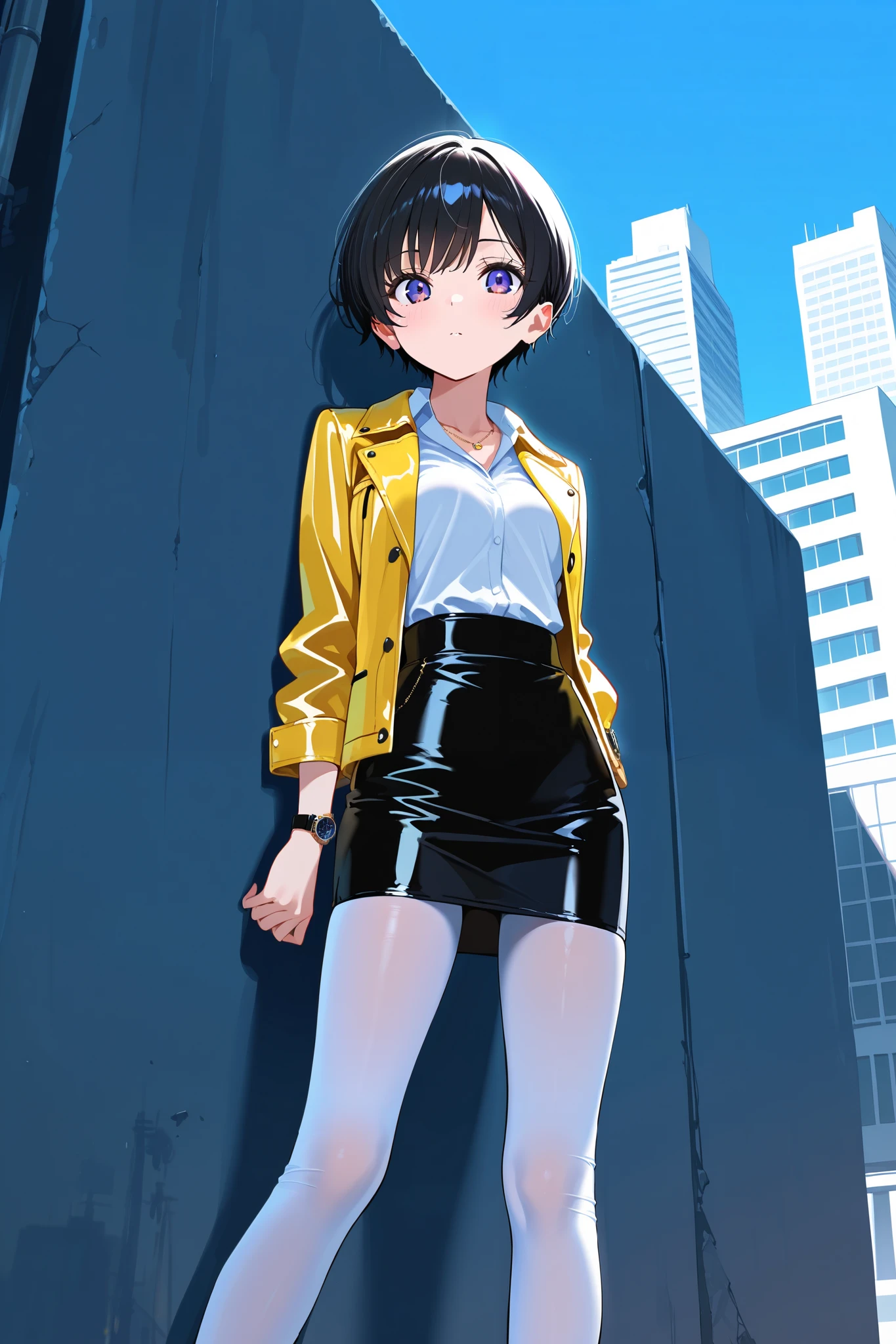 masterpiece, best quality, high quality, detailed, highly detailed, professional quality, BREAK, front view, BREAK, 1girl, (slim), black hair, short hair, pixie cut, slant eyes, violet eyes, (small breasts : 1.2), beautiful breasts, BREAK, shirt under open jacket, vivid yellow jacket, corduroy jacket, collared jacket, white shirt, BREAK, pencil skirt, leather skirt, BREAK, dark yellow pumps, white stockings, BREAK, watch on left wrist, BREAK, necklace, BREAK, lonely, looking at viewer, standing, posing, BREAK, blue sky, city, bustling Tokyo street