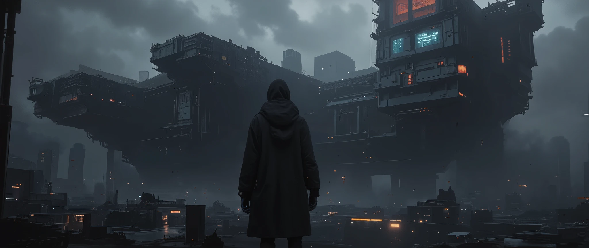 dark scifi antigravity floating dystopian brutalist city atmospheric view