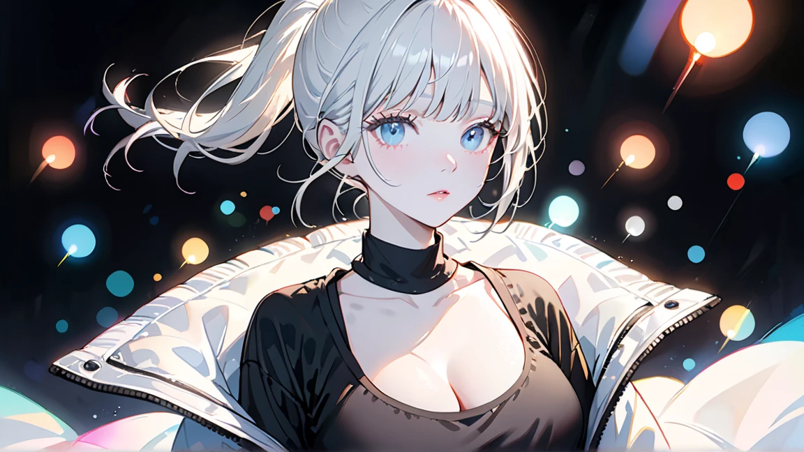(tmasterpiece), best qualityer, 1girll, middle finger, 独奏, eBlue eyes, white color hair, short detailed hair, nedium breasts,big cleavage breasts, cparted lips, black shirt, The shirt, jewely, looking at viewert, nipple piercing, nail polish, exposed bare shoulders --auto