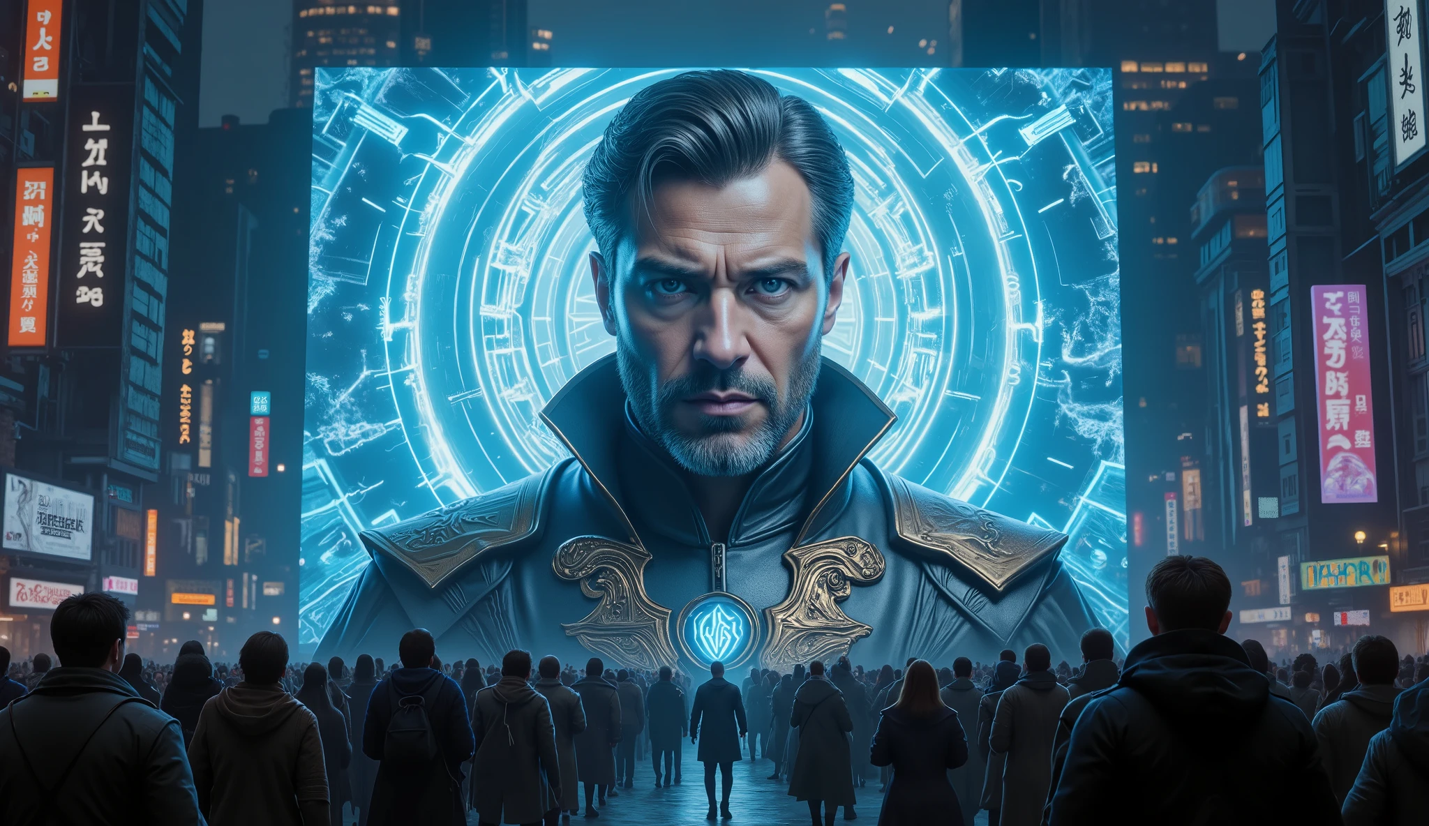 A massive holographic screen in the center of a futuristic city displays the face of Chancellor Darius, a charismatic yet intimidating leader with sharp blue eyes and neatly combed black hair with streaks of gray. He wears an ornate formal robe with golden embroidery and metallic gloves, exuding authority. The screen shows his face against a backdrop of the city's emblem, glowing with a cold blue light. Below the screen, citizens pause to watch, their expressions ranging from admiration to fear, while neon lights and bustling activity continue around them. Cinematic shot from a medium distance, capturing both the screen and the surrounding urban environment. Highly detailed, photorealistic, inspired by dystopian sci-fi films like V for Vendetta and The Hunger Games.