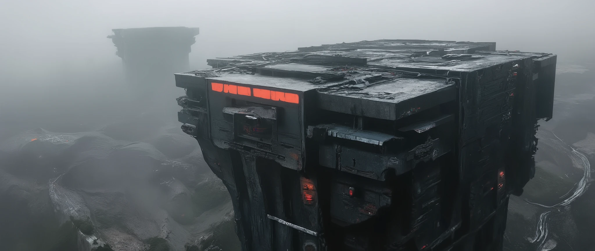 Apoclypse dark scifi antigravity floating dystopian brutalist Soviet city on the siberian void, atmospheric view