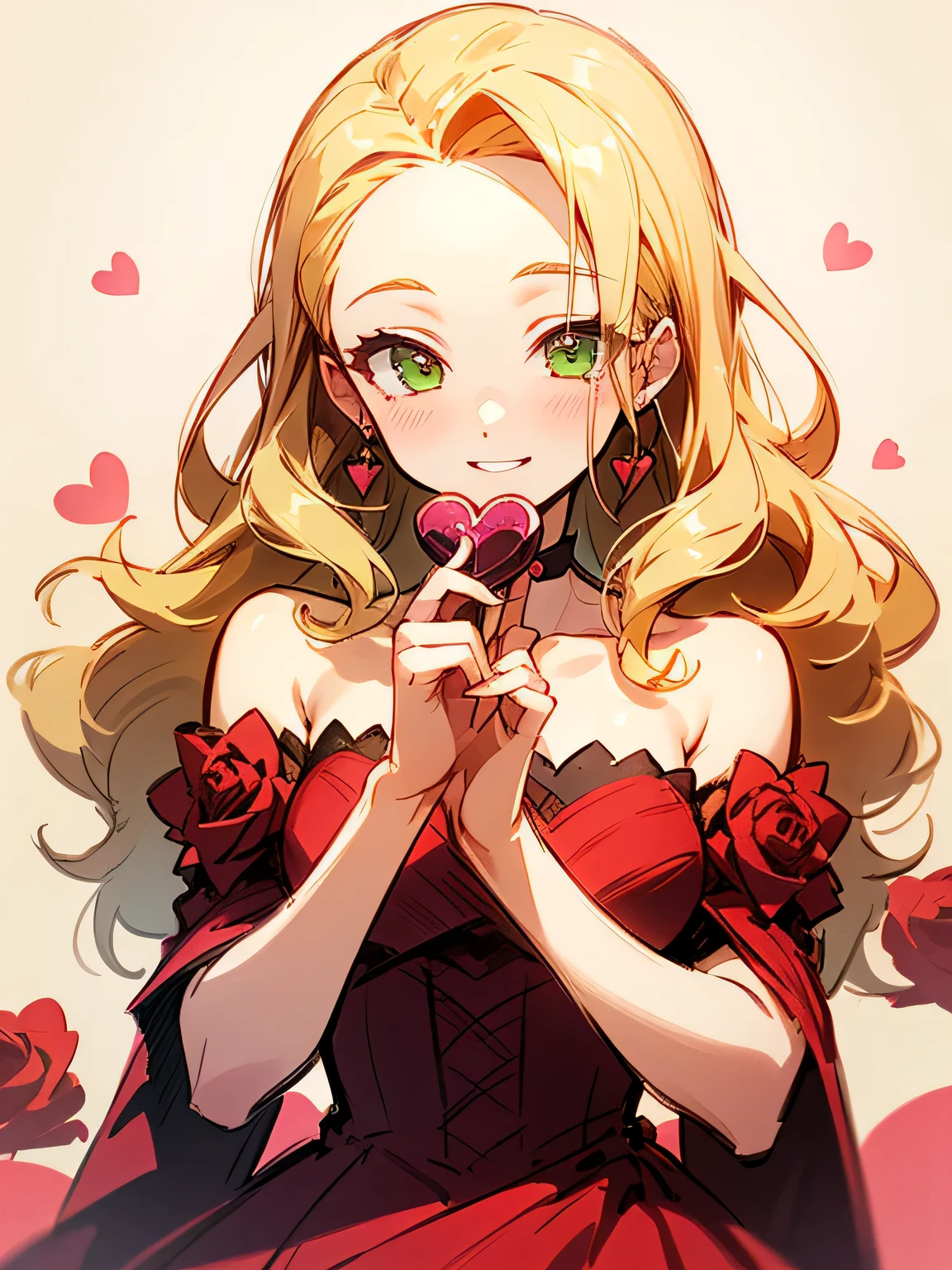 Alone,(looking at viewer:1.3),upperbody,blonde curly long hair,forehead,lime green eyes,abult woman face, beautiful adult woman smiling,offshoulder crimsonred ゴージャス dress,(ValentinesDay),(Quiron heart ),(Rose Revolution),( manga style),(sketch),(illustration), masterpiece , best quality,