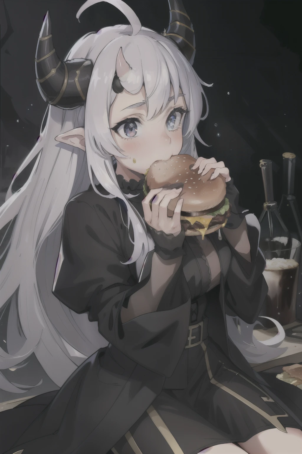 (masterpiece, best quality), intricate details, 8k, artstation, wallpaper, official art, splash art, sharp focus,
1girl, la+ darkness, black coat, black dress, white sleeves, sleeves past finger, sleeves past wrists, horns,
two-handed burger, hamburger, food, eating,