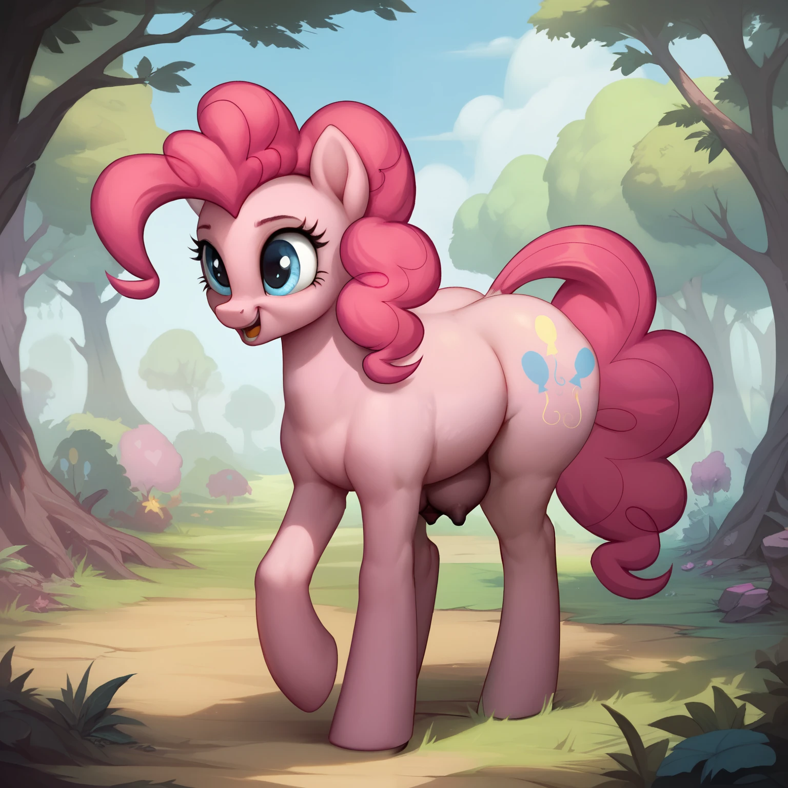 score_9, score_8_up, score_7_up, score_6_up, score_5_up, source pony, Ponka, solo, pinkie pie, detailed forest background, plump, huge ass, horse teats, breasts, like a blimp, wide hips, big ass, tetrapod, for legged, 4hooves, pony anatomy,