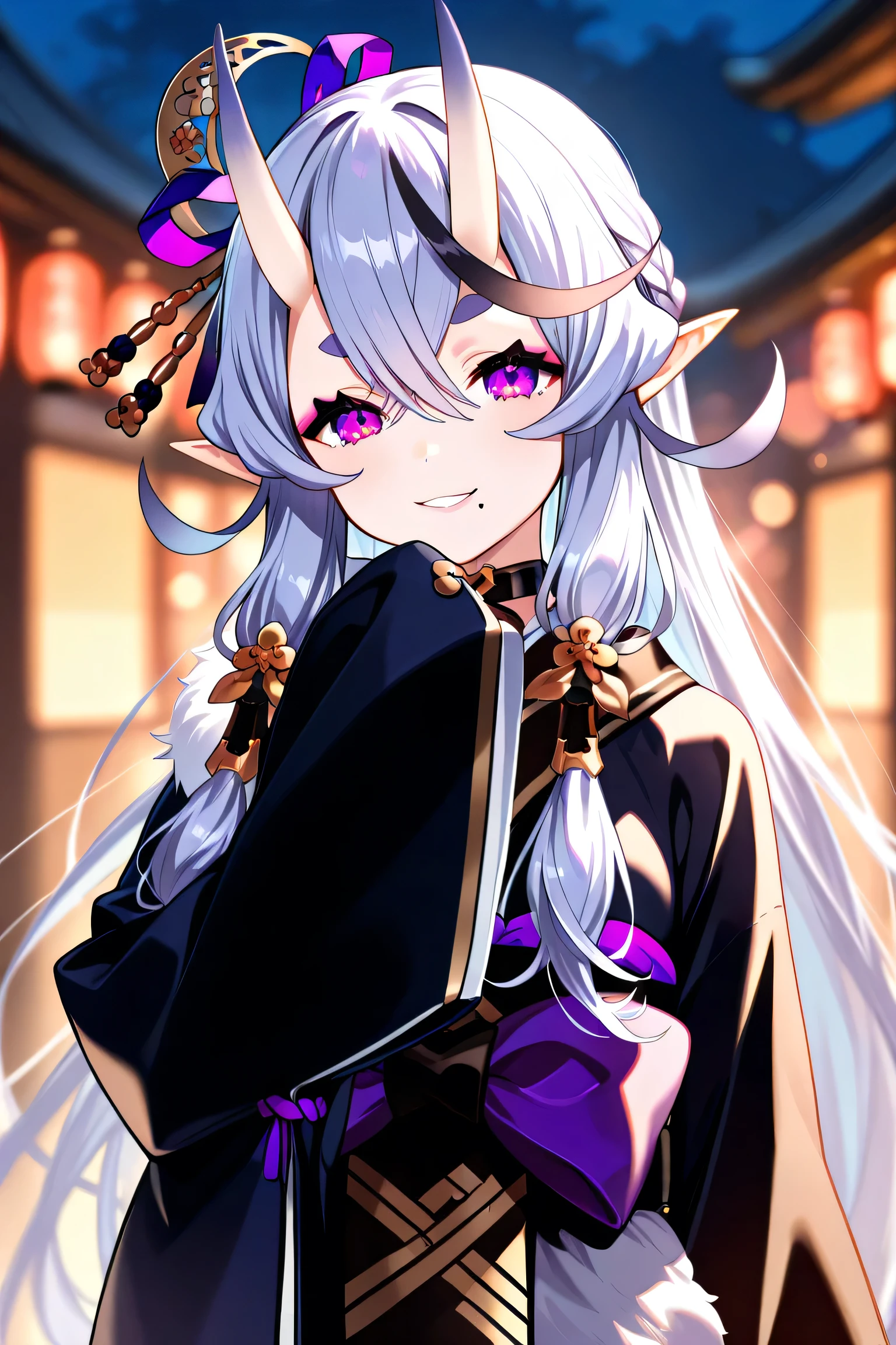 1girl,rindou mikoto,
mole under mouth, thick eyebrows, oni, skin-covered horns, black hair, blurry background, hair between eyes, white hair, red eyes, sash, purple ribbon, sleeves past fingers, ribbon, looking at viewer, hair ornament, parted bangs, horns, kimono, hand up, wide sleeves, depth of field, parted lips, very long hair, japanese clothes, virtual youtuber, blurry, smile, multicolored hair, long sleeves, mole, solo, sleeves past wrists, streaked hair, obi, pointy ears, black kimono, long hair,