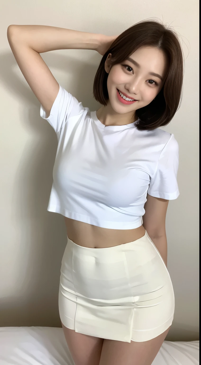 White tight shirt、White tight mini skirt、a bed、a smile、shortsleeves、high-level image quality