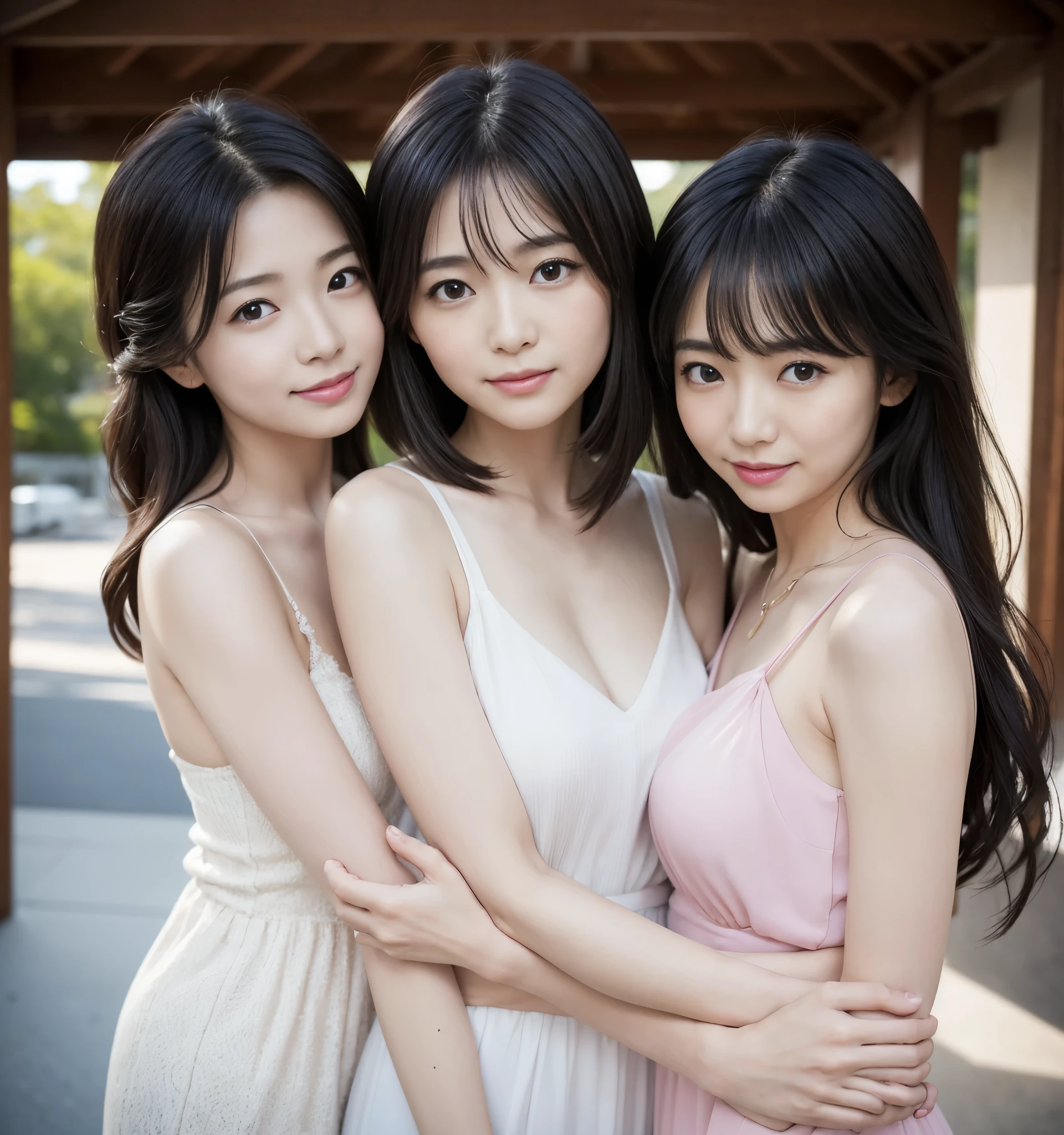 Best Quality、8k、Best image quality、Professional Lighting、Natural Light、Ultra-high resolution、Clear photo、Beautiful and delicate skin、No makeup、thin、Mature women in their 40s3people、Very beautiful、The cutest Yuriko Ishida、:1.6、White skin:1.8、Exquisite appearance、Love One Another3people:1.8、{{kissu3people々々々:1.8、Embrace each other:1.8、Someone'chest:1.8、Put your lips on it:1.6、Detailed Background、