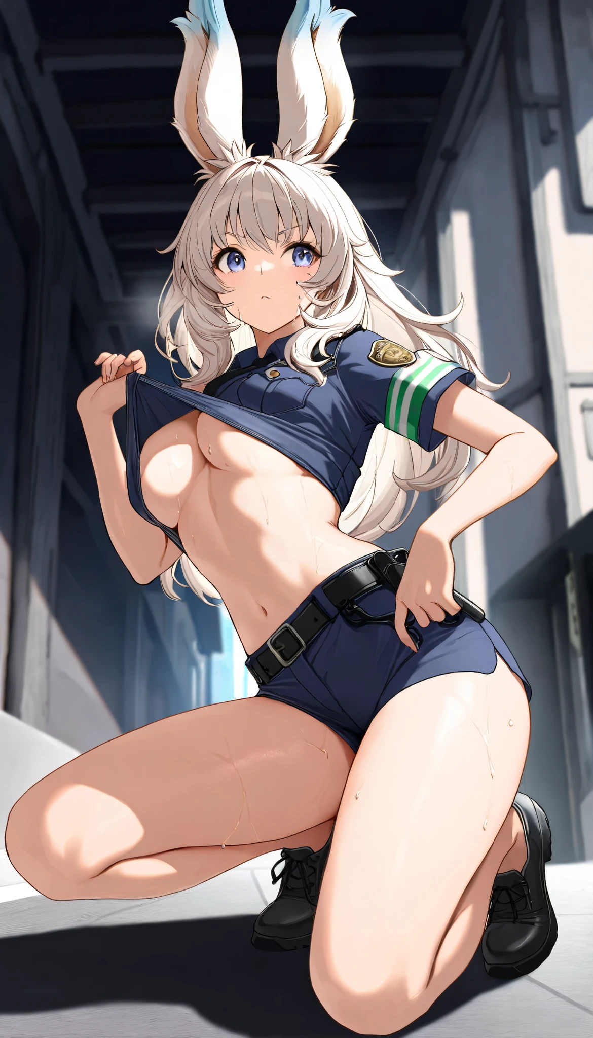 (kinako_(shiratama_mochi) style, ((topless)), nsfw, masterpiece, 1 girl, erect nipples, intricately detailed, navel, bare shoulders, white hair, hard hat, construction site, towel on neck, wiping sweat, baggy pants, cargo pants, extremely detailed, bare breasts, puffy nipples, green eyes, bare stomach, sweaty, medium breasts, arm strap, cowboy shot, holding sledgehammer, mature, chain, soft eyes, smiling, sunlight, day