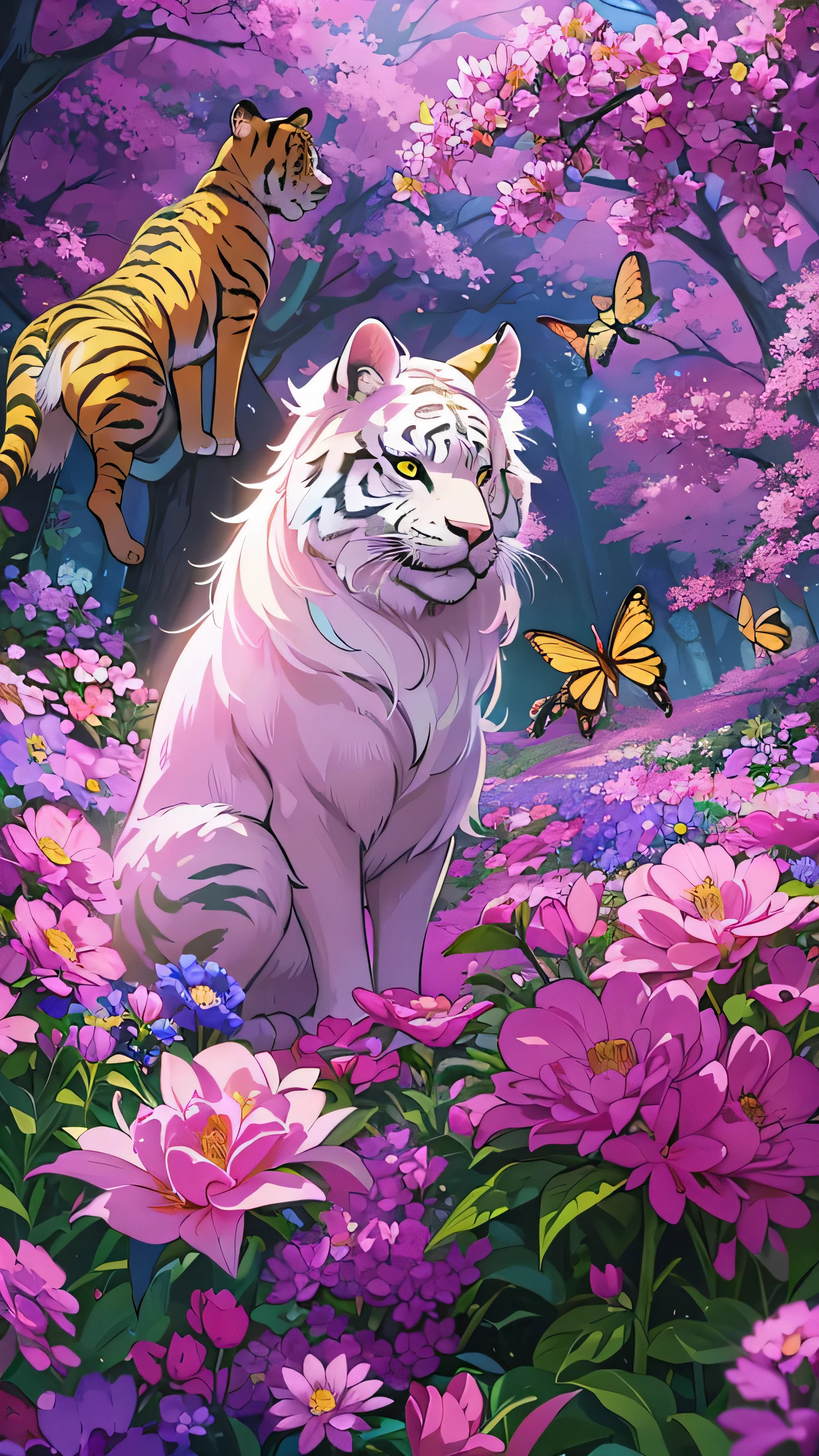  in high definition、Creature Photos, A beautiful white dog and a tiger striped cat ,  Magic Fantasy Forest ,  digital art , Detailed images of dogs and cats 、  THE WORLD'S MOST WONDROUS ARTWORK, (( not human)), Flower field in the forest  ,  soft and well-balanced pink colors, Forest Scenery,  vines,  ultra high resolution,  8k octane rendering , Magical, wondrous,  Flowers can be seen in seven colors , Intricate design ,  ultra sharp , Shadow, Cool colors,  CG society trend , Dog and cat playing with each other 。