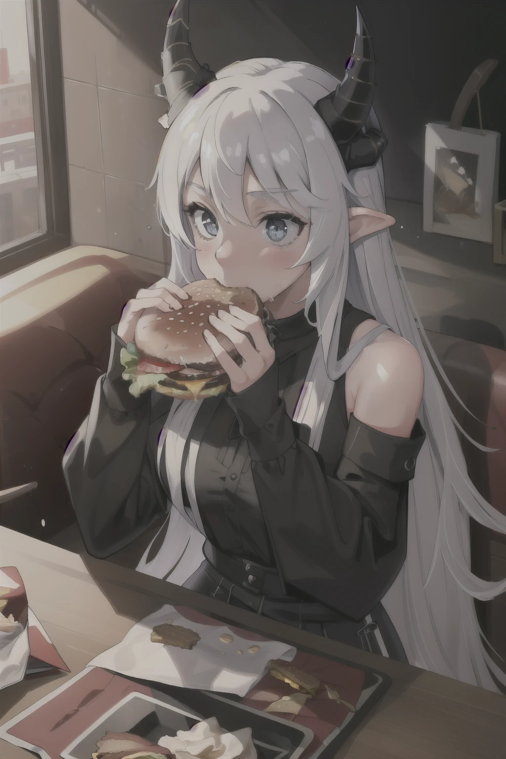 (masterpiece, best quality), intricate details, 8k, artstation, wallpaper, official art, splash art, sharp focus,
1girl, la+ darkness, black coat, black dress, white sleeves, sleeves past finger, sleeves past wrists, horns,
two-handed burger, hamburger, food, eating,