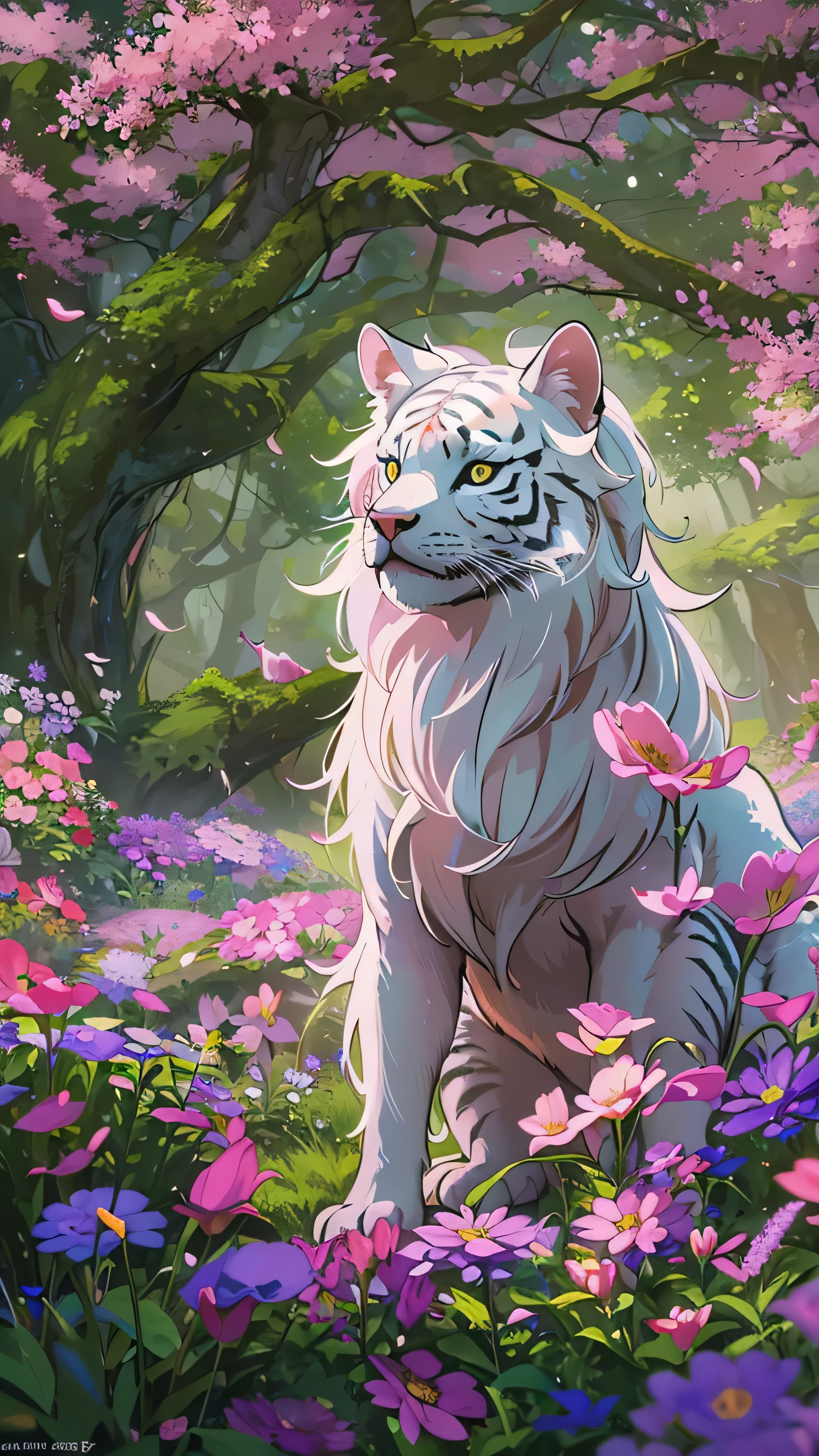 in high definition、Creature Photos, A beautiful white dog and a tiger striped cat , Magic Fantasy Forest , digital art , Detailed images of dogs and cats 、 THE WORLD'S MOST WONDROUS ARTWORK, (( not human)), Flower field in the forest , soft and well-balanced pink colors, Forest Scenery, vines, ultra high resolution, 8k octane rendering , Magical, wondrous, Flowers can be seen in seven colors , Intricate design , ultra sharp , Shadow, Cool colors, CG society trend , Dog and cat playing with each other 。