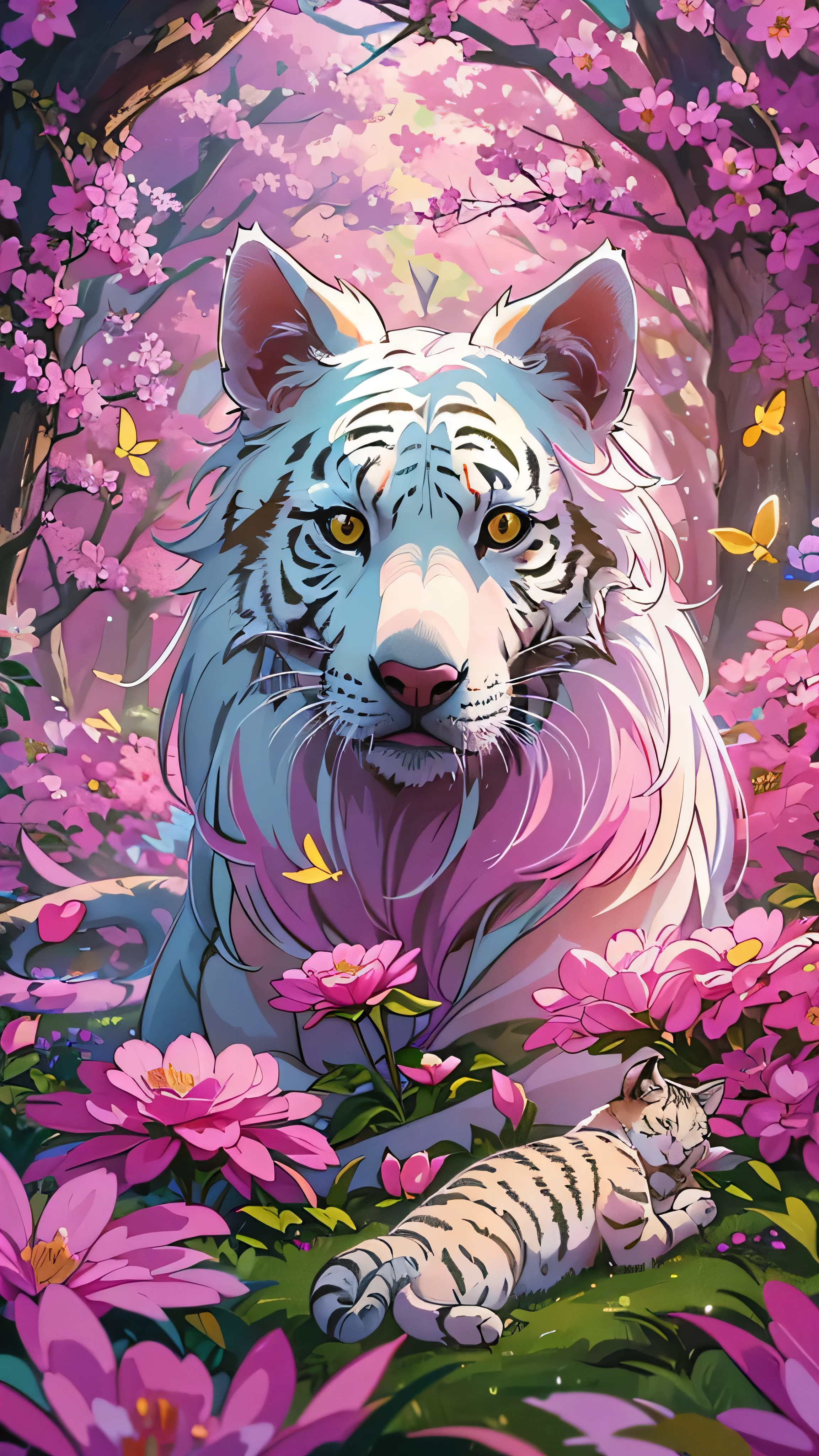in high definition、Creature Photos, A beautiful white dog and a tiger striped cat , Magic Fantasy Forest , digital art , Detailed images of dogs and cats 、 THE WORLD'S MOST WONDROUS ARTWORK, (( not human)), Flower field in the forest , soft and well-balanced pink colors, Forest Scenery, vines, ultra high resolution, 8k octane rendering , Magical, wondrous, Flowers can be seen in seven colors , Intricate design , ultra sharp , Shadow, Cool colors, CG society trend , Dog and cat playing with each other 。