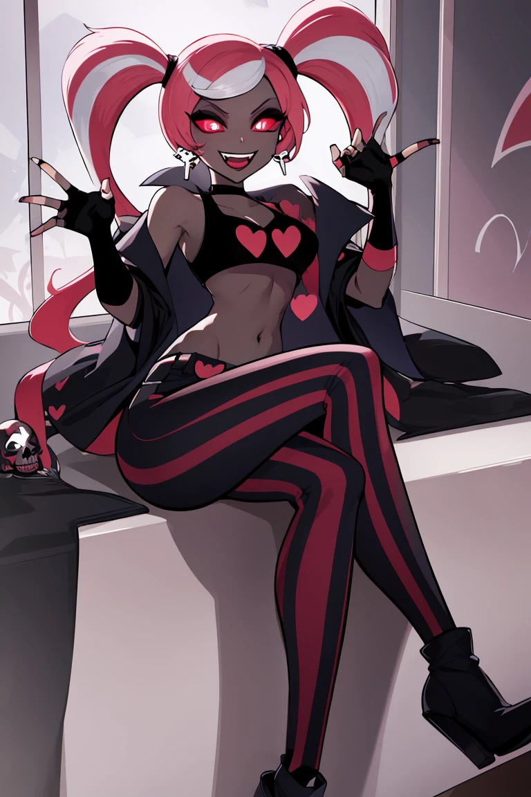 (masterpiecer, best quality), VelvetteHH, dark eyeshadow, white pupils, red sclera, pink hair, two-tone hair, twintails, long hair, skull earrings, colored skin, dark skin, black jacket, (black crop top:1.4), (crop top with heart design), bare shoulders, fingerless gloves, elbow gloves, (vertical striped pants:1.2), standing, from behind, big ass, focus ass, looking at viewer, indoors, room   