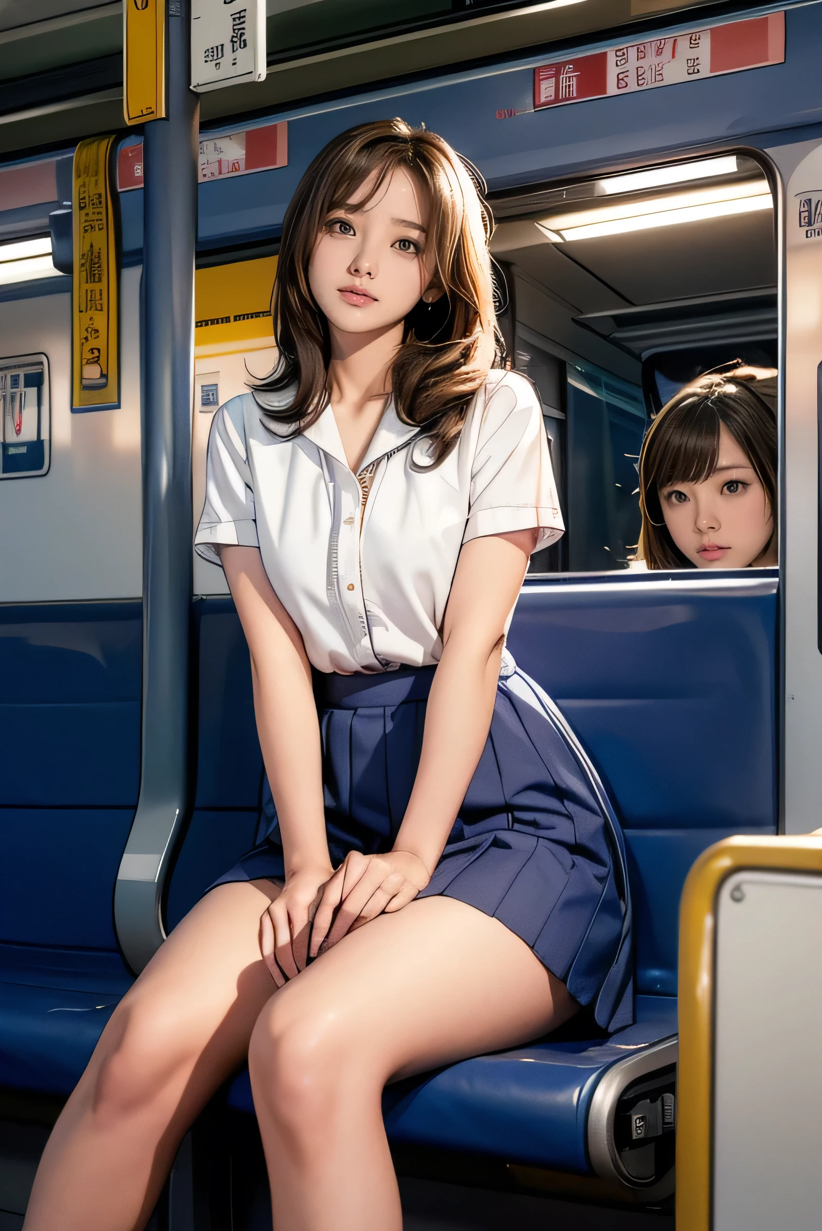 Top quality, full body detail, golden ratio (theatrical lighting: 0.7), masterpiece, spectator angle shot, mouth open, (18-year-old Anglo-Saxon girl sweaty), looking straight mysteriously happy, camel finger sitting on a crooked train, disheveled hair (in sweat-drenched school uniform), sunset, lush full-length portrait, perfect face, amazing eyes, bright details (very detailed skin), accent lighting, depth of field, koda850 k portrait camera , conscious, digital grain, war photography, dogs perspective perspective photoshoot, bottom-up