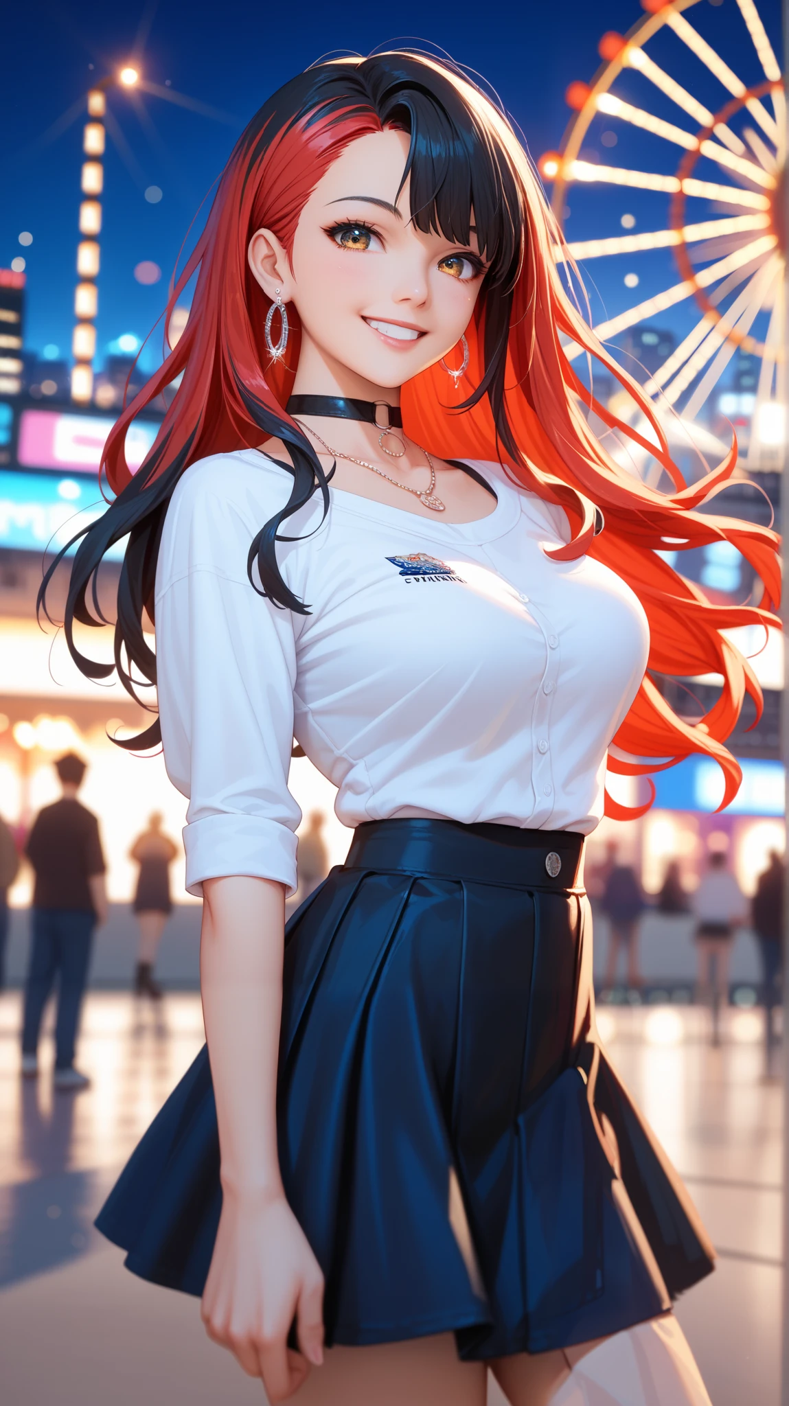 blurry, depth of field, city, blurry background, 1girl, building, skyscraper, city lights, photo background, jewelry, multicolored hair, stadium, night, black hair, solo, red hair, long hair, cityscape, street, town, earrings, necklace, lights, ferris wheel, white shirt, smile, blurry foreground, lamppost, looking at viewer, choker, motion blur, two-tone hair, outdoors, bokeh, black skirt, crowd