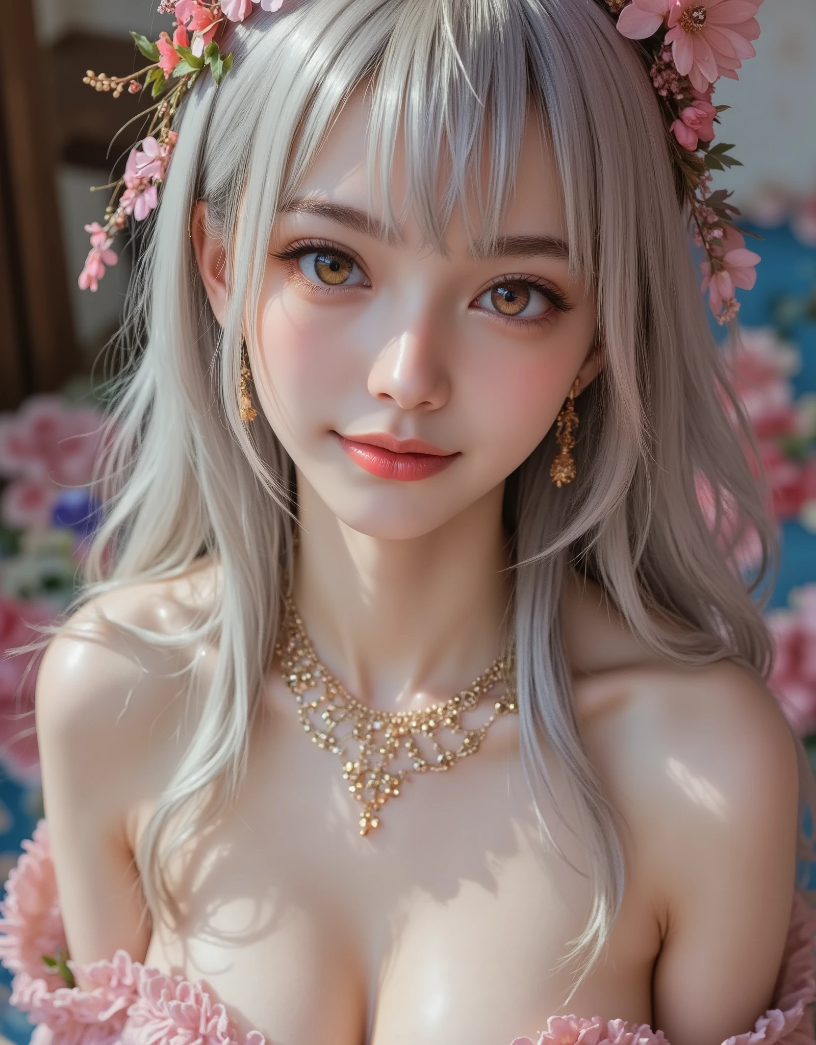 Ultra-high resolution, highest quality, photograph, 4K, (Realistic:1.4), Girl with a wreath on her head, Long Blonde Hair,nude,huge pubic hair,Bristles,Thick eyebrows