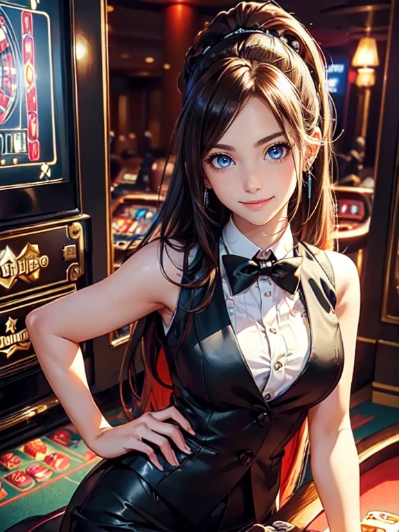 happy and smile, {{indonesian girl}}, {wearing high school uniform}, teasing and waiting customer play, standing, playing in casino, red casino background, polite and kind, Sweet Face, roulette table, poker table, all in one casino place, asian random colour hair, colourfull background