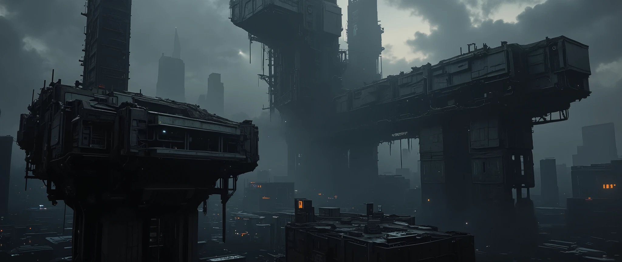 dark scifi antigravity floating dystopian brutalist city atmospheric view