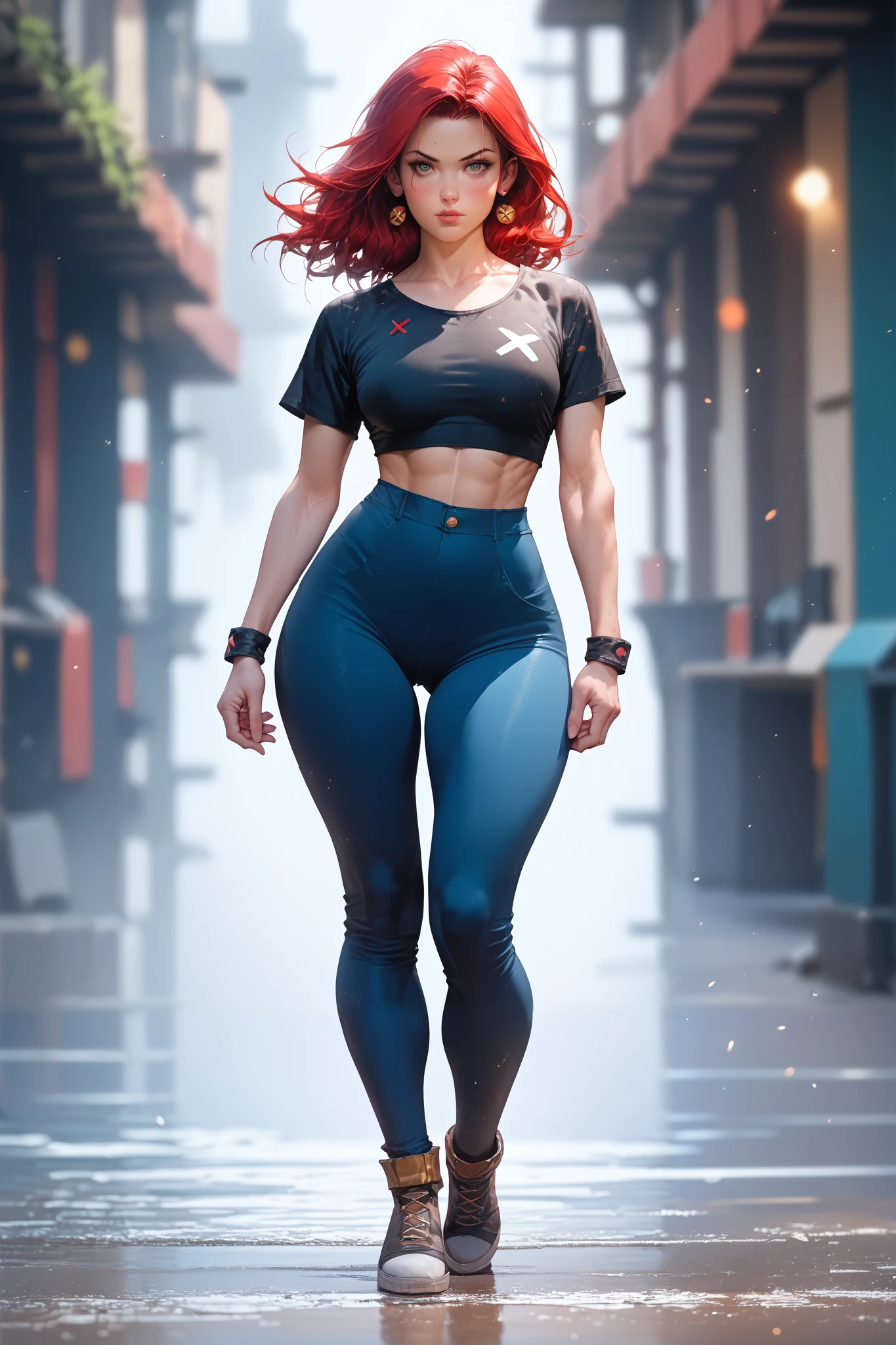 good anatomy, masterpiece, borrowed letter , Bokeh effect, depth of field, highres, On your own , rougue dos X-Men, wide hips , full-body frontal shot,