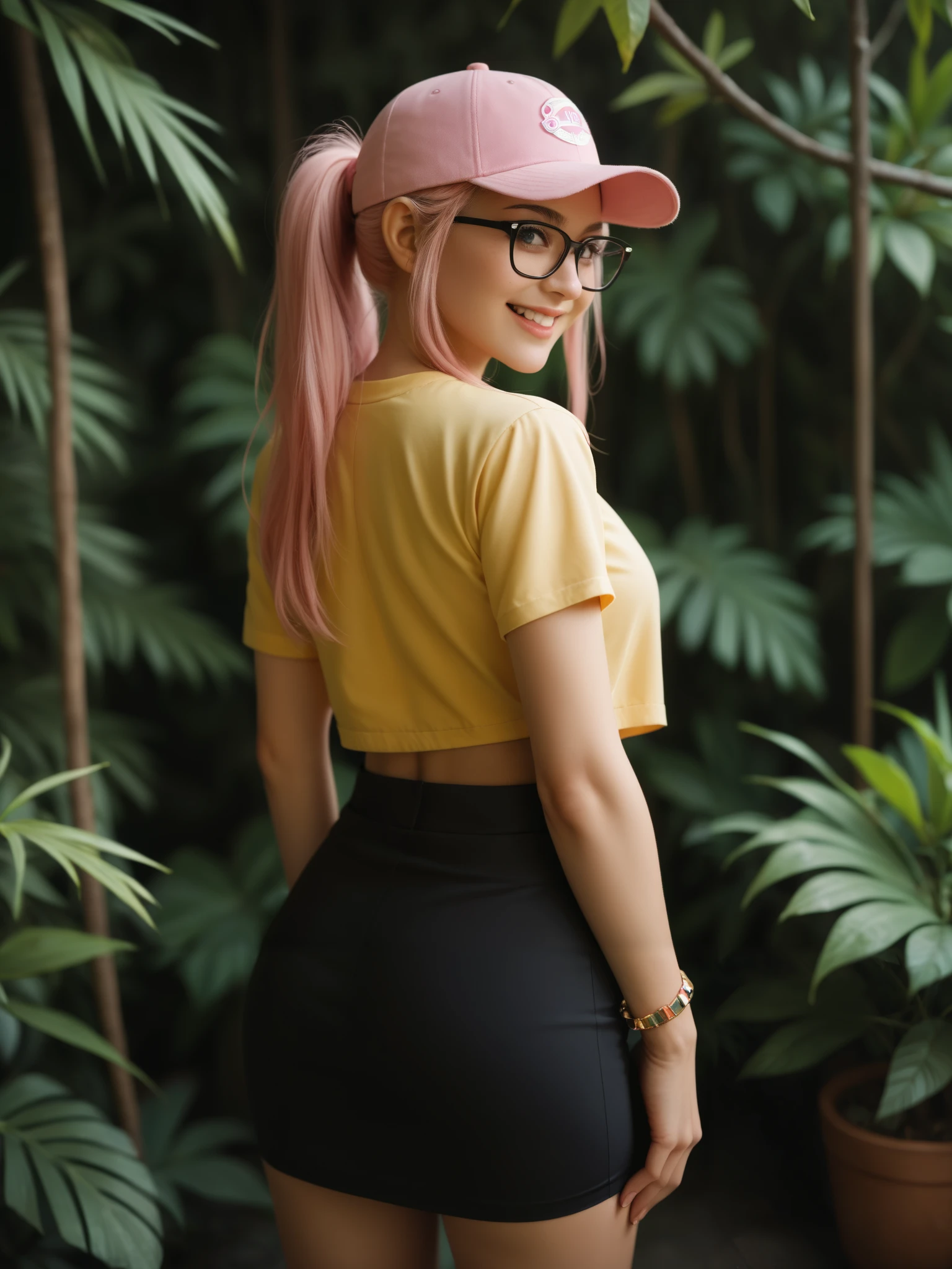 score_9, score_8_up, score_7_up, score_6_up, score_5_up, score_4_up, female from behind, BREAK, female, from behind, looking back, yellow shirt, short sleeve, fit high-waisted black skirt, pink trucker hat, pink hair, long hair, straight hair, black frame glasses, (looking at viewer:1.2), smile, bracelet, tropical plants, large leaves,