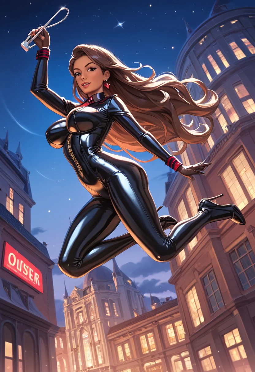 Anime style, Sultry and Beautiful young woman with a soul of pure evil and hatred. brunette haired, blue eyed supervillain dressed in a sleek skintight black costume with glittering white stars all over, a thin silver tiara, white thigh high boots and white 3 quarter sleeve gloves. She is floating and emanating black energy. She has a smile crossing her thin black lips. The setting is an alien space ship with captured costumed heroes in cages.