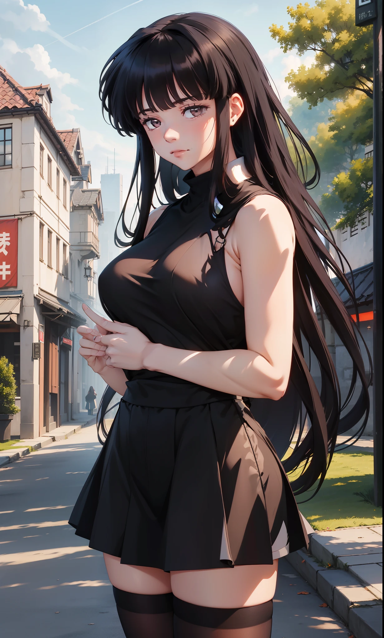 Masterpiece, best quality, highres, highly detailed, 1 girl, kikyo, long hair, black hair, black eyes, large breast, black tight sleeveless turtleneck, gray span skirt, black stocking, inside, outdoor, looking at viewers, perfect finger shape, the number of  is not excessive, the number of fingers is perfect,