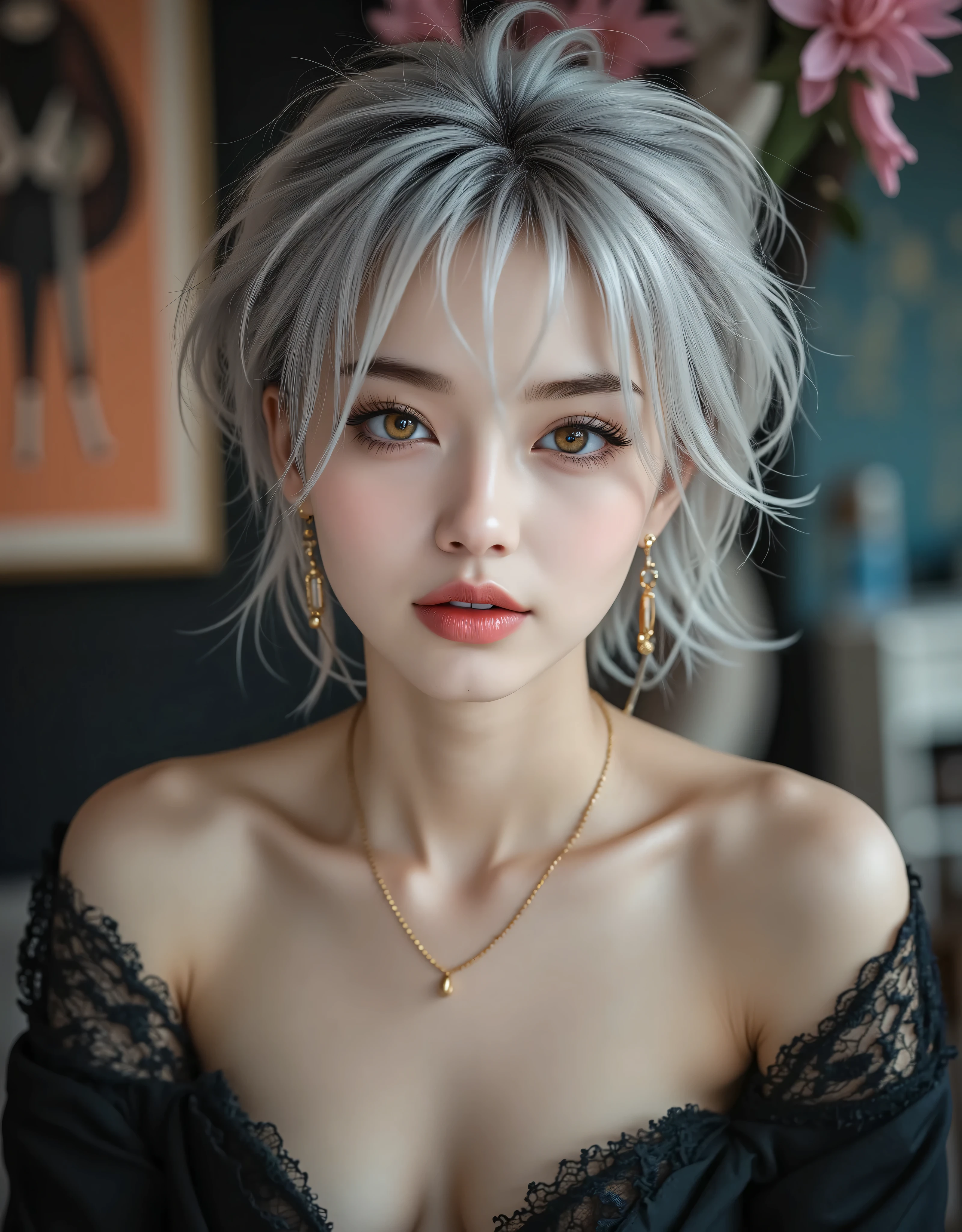 (Canon), (EOS R5), (50mm), ((( photorealistic:1.5))), (No lens flare :1.5), ((超 high resolution)), ( Masterpiece), accurate,( Skin with texture by Nomi), super detailed, high detail, high quality , Award-winning work , 最 high quality, 32K, depth of field, digital camera, award-winning glamour photo , professional lighting,(SFW), ((最 high quality:1.5)), (( Masterpiece:1.5)), (( by Nomi)), high resolution, Shadow by Nomi, Roughness, Real Life,(( very beautiful and cute one Japanese woman :1.5)), (( Beauty of Japan's Top Actresses )), ((Upper body shot seen obliquely from the front :1.5)), ( upper body shot seen from the side :1.2), (( upper body shot from head to knee :1.8)), (( 25 years old very beautiful and cool Japanese woman)), 1 adult woman , ( beautiful and stylish living room ), (( stylish pink lace tongs )), ((( is so elegant and beautiful, perfect detail, very detailed depiction))), The most detailed woman , depth of border described , beautifully detailed full body , thin legs, female 1 person, gray and silver hair, spiky hair, hair with beautiful details, perfect face, (A gentle smile), ( real eyes ), (Realistic brown eyes ), (Beautiful Long Lashes ), ( Best Skin Details ), Beautifully detailed deep eyes, Slightly Open, Delicate arms and hands, fair, beautiful and realistic skin , casual gold earrings , beautiful and amazing gold necklace , ( colorful background), HD Backgrounds, blurry background, very delicate and beautiful , (((最 high quality, Very beautiful 32K , CG Wallpaper ))), ((( trendy hairstyle ))), ( in the room, Stylish Interior , window), Accurate , Accurate , Accurate,5 fingers on one hand , ( slightly dark atmosphere )