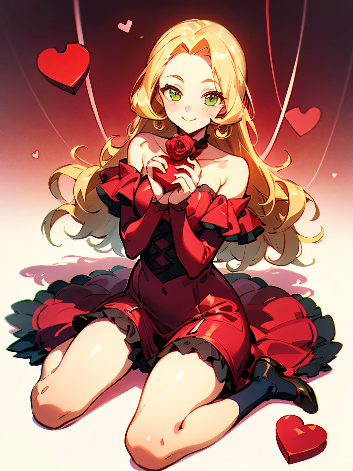 Alone,( wariza),(looking at viewer:1.3),fullbody,blonde curly long hair,forehead,lime green eyes,abult woman face, beautiful adult woman smiling,offshoulder crimsonred ゴージャス dress,(ValentinesDay),(Quiron heart ),(Rose Revolution),( manga style),(sketch),(illustration), masterpiece , best quality,