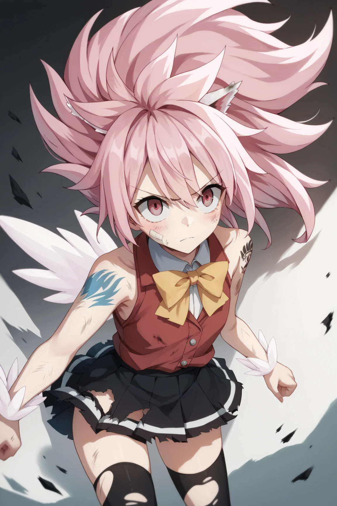 score_9, score_8_up, score_7_up, score_6_up, score_5_up, score_4_up, BREAK source_anime,
<lora:Wendy_Marvell_dragon_force_PONY:1>,Wendy Marvell, 1girl, solo, long hair,pink eyes, pink hair,spiked hair,torn clothes,White wings,thighhighs,tattoo,red jacket,black skirt,sleeveless,yellow bowtie,
