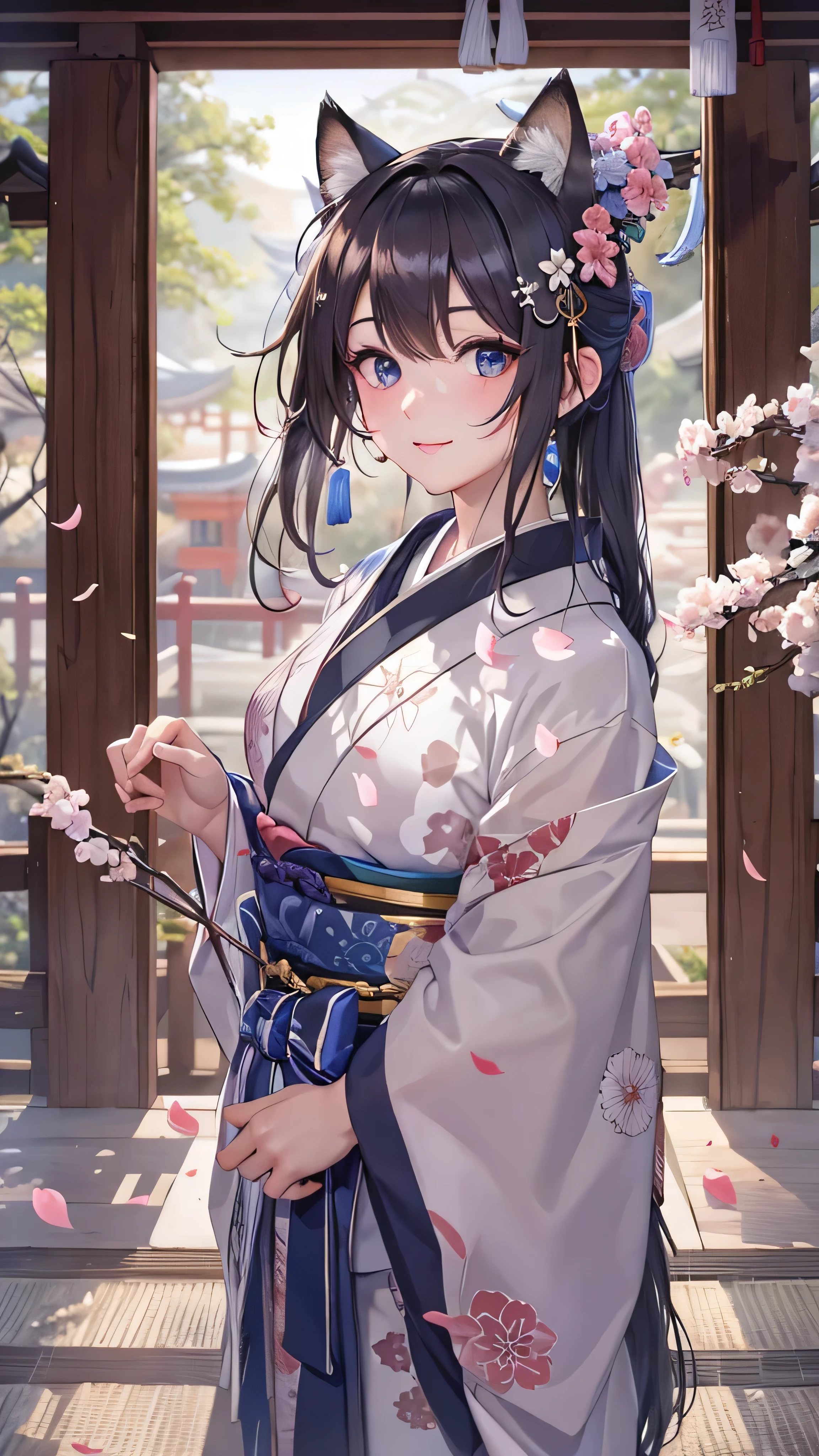 Anime girl in kimono outfit with cat ears and flowers - SeaArt AI