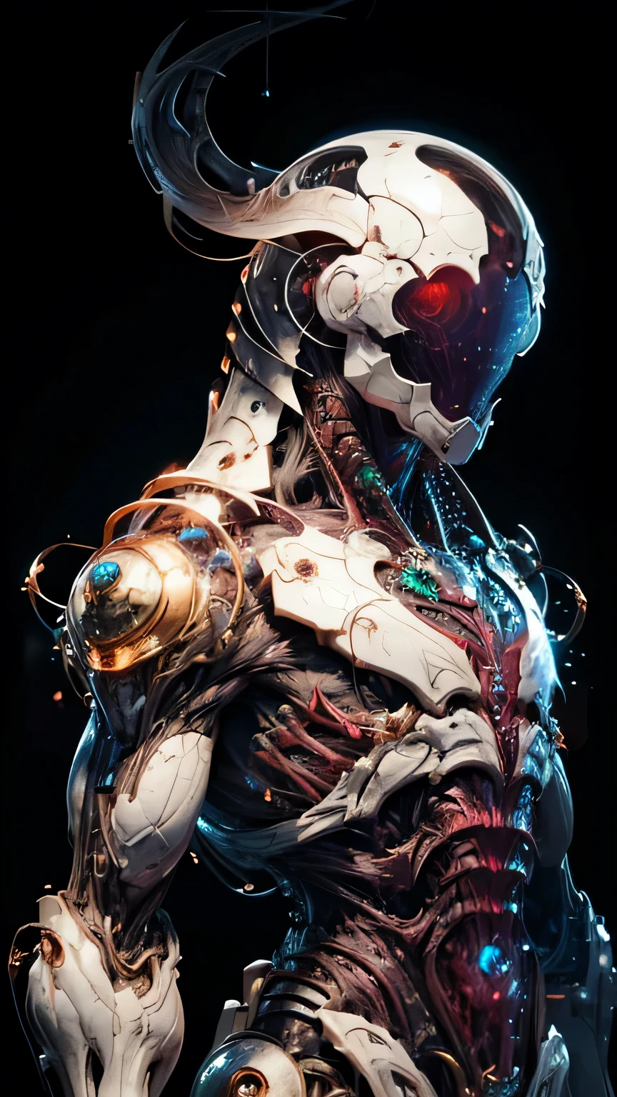 a corrupted male humanoid monster, giant mutant biomechanical being, white armored skin, complex machinery, dark twisted form, flat color background, moody dramatic lighting, cinematic composition, highly detailed, hyper realistic, unreal engine, 8k, photorealistic, volumetric lighting, dramatic shadows, intricate details, masterpiece