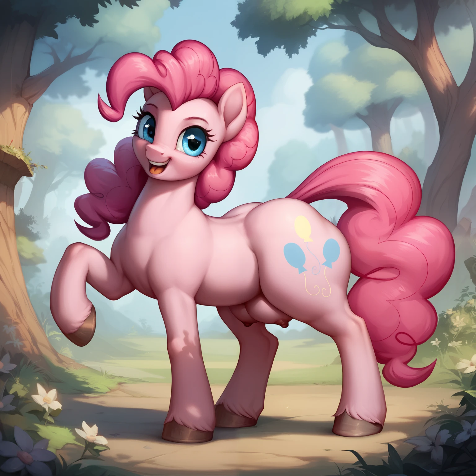 score_9, score_8_up, score_7_up, score_6_up, score_5_up, source pony, Ponka, solo, pinkie pie, detailed forest background, plump, huge ass, pony teats, pony ass, breasts, like a blimp, wide hips, big ass, thick thighs, tetrapod, for legged, 4hooves, pony anatomy,