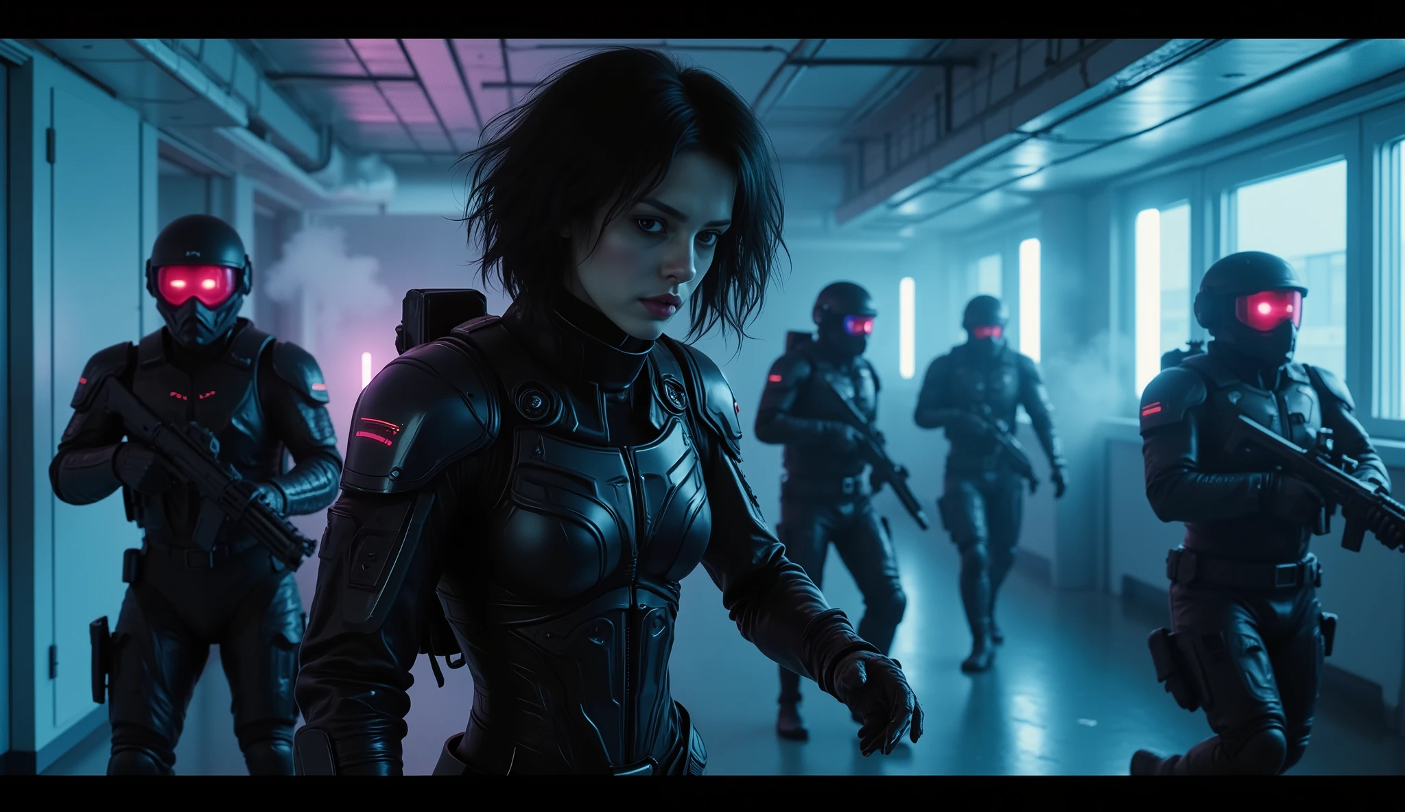 A cinematic shot of a futuristic apartment being raided by armed soldiers in sleek black tactical gear with glowing red visors. The room is minimalistic, with metallic furniture and soft blue/purple neon lights filtering in through the windows. In the chaos, a young woman with short black hair and blue neon highlights (Kaela Voss) escapes through a ventilation shaft in the ceiling, her expression determined as she avoids detection. The soldiers move quickly, their weapons drawn, searching the room with urgency. The atmosphere is tense, with steam rising from the vents and shadows cast by the soldiers' equipment. Highly detailed, photorealistic, inspired by cyberpunk aesthetics and films like Blade Runner and The Raid.