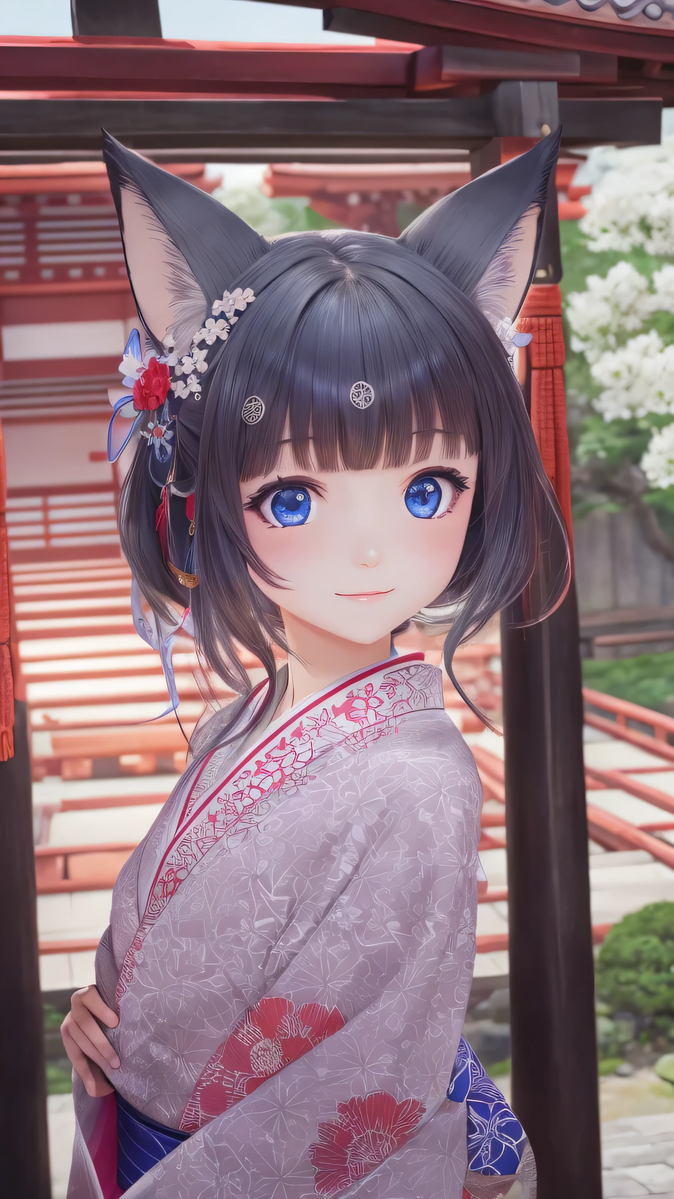 ( is ridiculous, high resolution, Super Detail), face close-up, The emphasis on the face , in a Japanese-style room and the focus is on the face, one woman, mature woman, Old age, long straight hair, beautiful shiny hair , blue eyes, bangs, Long Sleeve, Exquisitely drawn eyes and face , Eye Enhancement, without resting hands , Rich lighting, Highly Detailed CG Unified 8K Wallpaper, complicated details, portrait , stares, Alone, half shot , WITH A DELICATED FACE, soft smile , dynamic pose with an enema, classical period , ( Ancient Japan-themed : 1.1), Japanese Mythology, fox ears, Japanese, ruler, blue kimono Japanese , floral kimono, ancient theme , (A thriving civilization: 1.1), Moon in the background, ( Pure white : 1.1) shrine, torii gate , Japanese Scenery, ancient city in the background , I'm wearing a fox mask on my head, wonderful, dreamy , Dancing Light, lantern, Strict, night , darkness, star, portrait , cinematic lighting