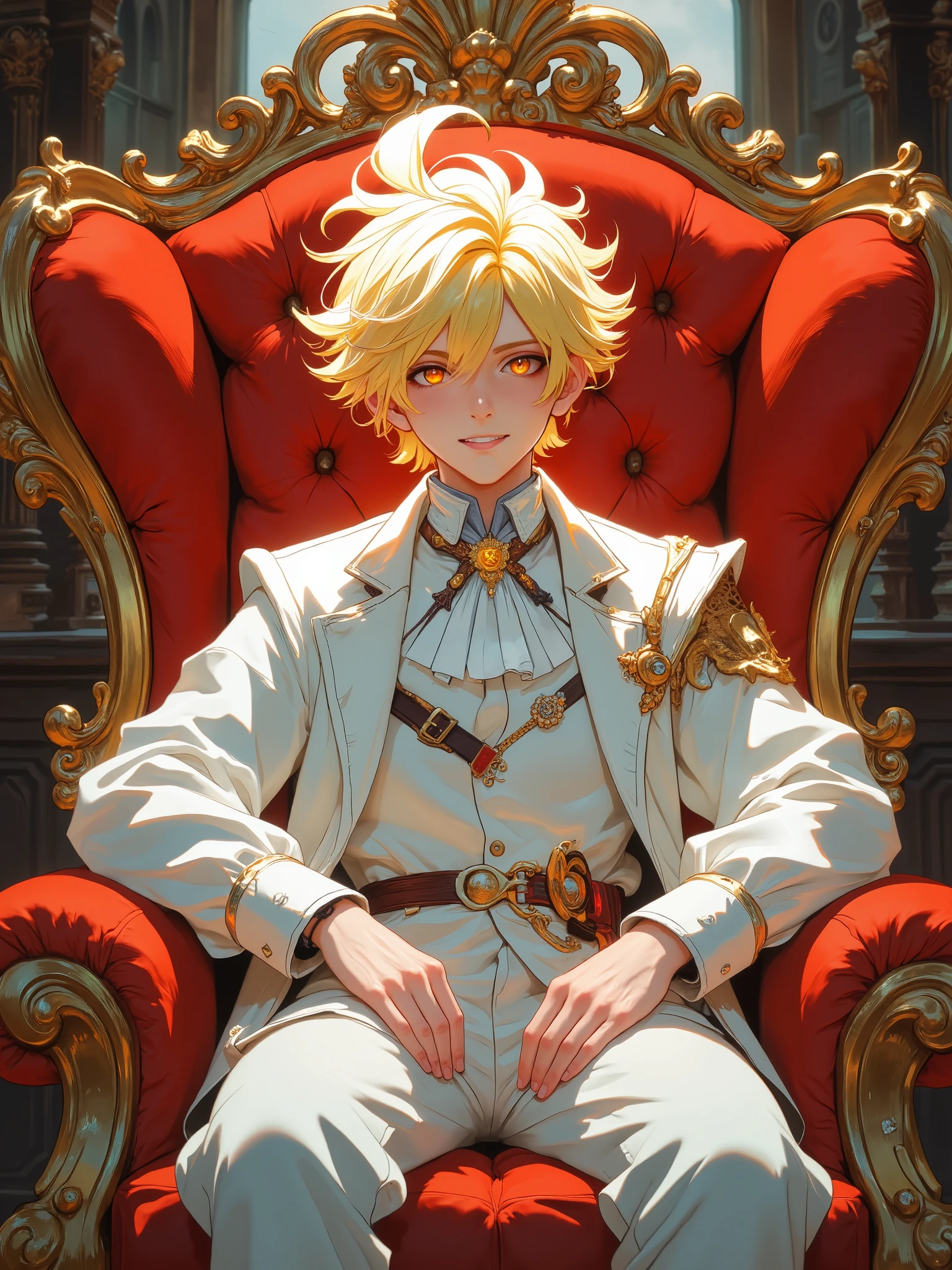 Young man, blond hair, Sitting in a luxurious red armchair. ironic smile , almost laughing . anime. White and formal clothing from the medieval era. Golden and shimmering eyes. White head adornment