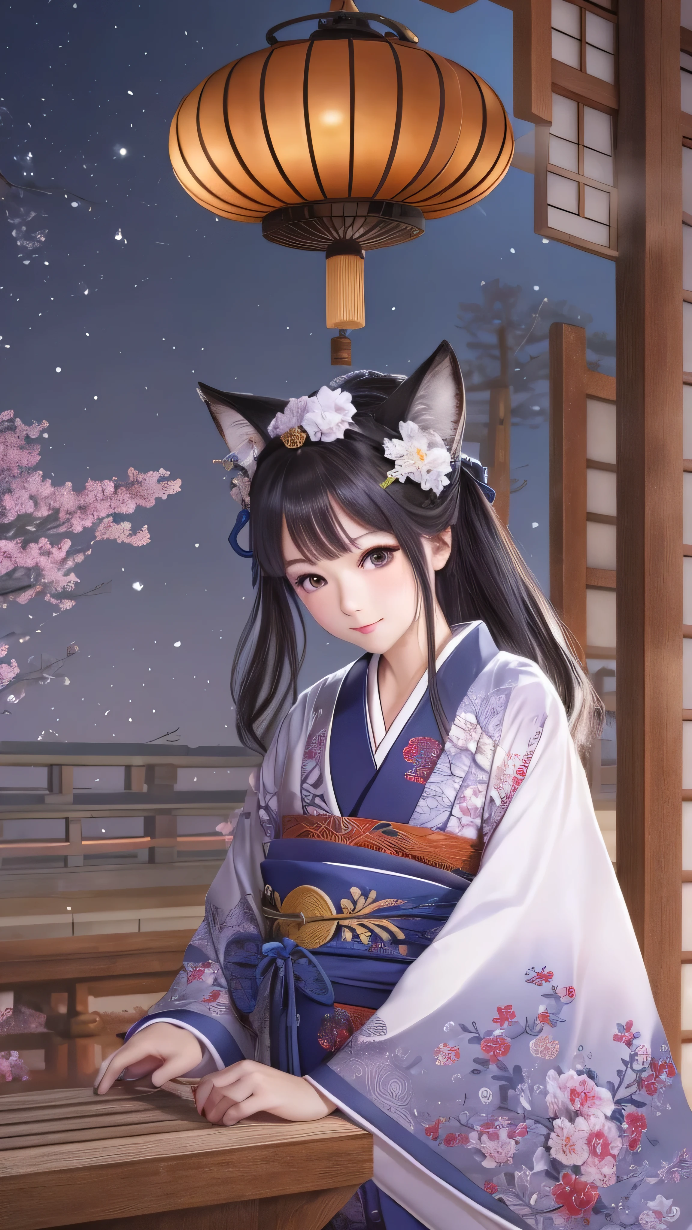 ( is ridiculous, high resolution, Super Detail), face close-up, The emphasis on the face , in a Japanese-style room and the focus is on the face, one woman, mature woman, Old age, long straight hair, beautiful shiny hair , blue eyes, bangs, Long Sleeve, Exquisitely drawn eyes and face , Eye Enhancement, without resting hands , Rich lighting, Highly Detailed CG Unified 8K Wallpaper, complicated details, portrait , stares, Alone, half shot , WITH A DELICATED FACE, soft smile , dynamic pose with an enema, classical period , ( Ancient Japan-themed : 1.1), Japanese Mythology, fox ears, Japanese, ruler, blue kimono Japanese , floral kimono, ancient theme , (A thriving civilization: 1.1), Moon in the background, ( Pure white : 1.1) shrine, torii gate , Japanese Scenery, ancient city in the background , I'm wearing a fox mask on my head, wonderful, dreamy , Dancing Light, lantern, Strict, night , darkness, star, portrait , cinematic lighting