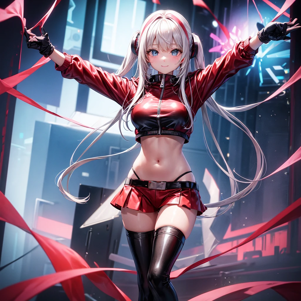 (RAW Photo, Best Quality, Masterpiece: 1.2), (Realistic, Photo Realistic: 1.4), (Masterpiece: 1.4), (Best Quality: 1.4), 1 Girl, Solo, :d, Animal Ear Headphones, Animal Ears, Arms Up, Bangs, Blush, Tights, Breasts, Rabbit Pose, Clothes Writing, Covering Belly Pollar, Denim Shot, Crop Jacket, Fake Animal Ears, Gloves, Outdoor, Morning, Snow, Hair Intake, Headphones, Impossible Tights, Impossible Clothes, Jacket, Room, Latex , latex tights, long hair, long sleeves, looking at the audience, room, multicolored gloves, open mouth, pink tights, pink eyes, red eyes, red jacket, shiny clothes, shrugged\(clothes\), sideburns, skin tightness, smile, thigh gaps, thighs, double tails, very long hair, white gloves, white hair, alice \ (nikke\), (shiny skin), reality,