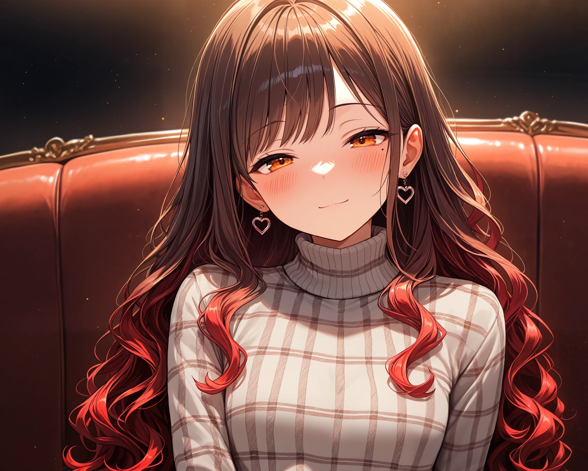 portrait, very cute face, cute girl, solo, long hair, wavy hair, ((brown hair with red ends)), Mole under the left eye, half closed eyes, orange eyes, flat breasts, ((Plaid patterns turtleneck sweater)), long sleeves, heart Pierced earrings, blush, flawless smooth skin, living, couch, raw,
particles, fractal, (best quality,4k,8k,highres,masterpiece:1.2),ultra-detailed,intricate details, high fashion, dramatic lighting, warm colors, chiaroscuro